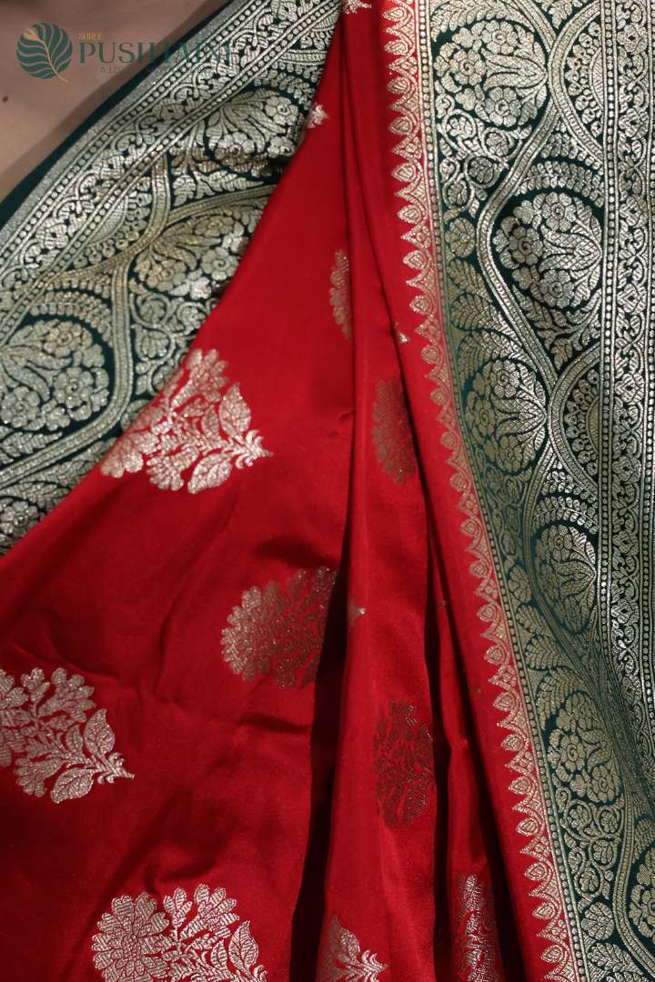 Royal Red Banarasi Mashru Saree with Contrast Border and Pallu