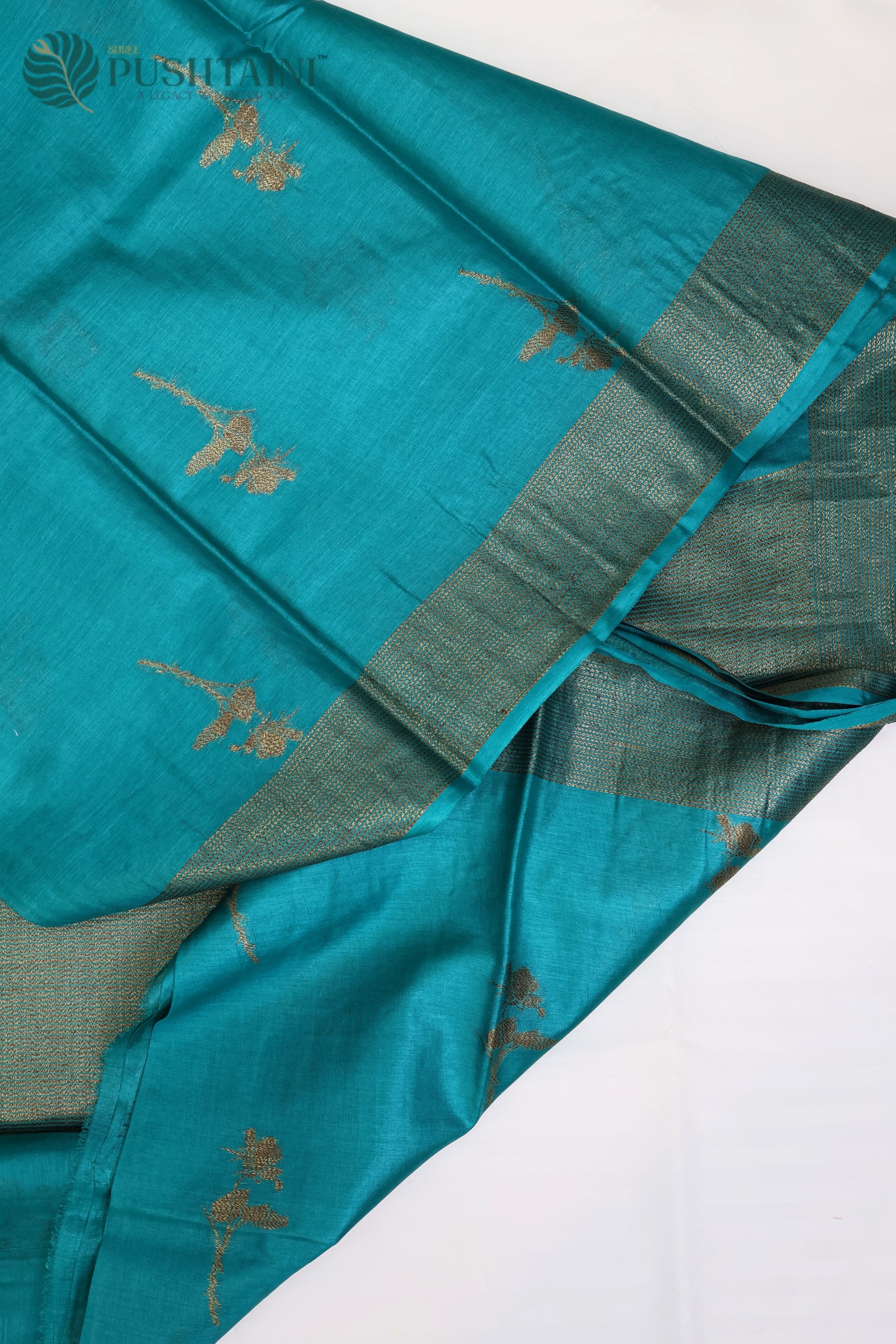 Teal Blue Pure Tussar Banarasi Silk Saree with Antique Zari work