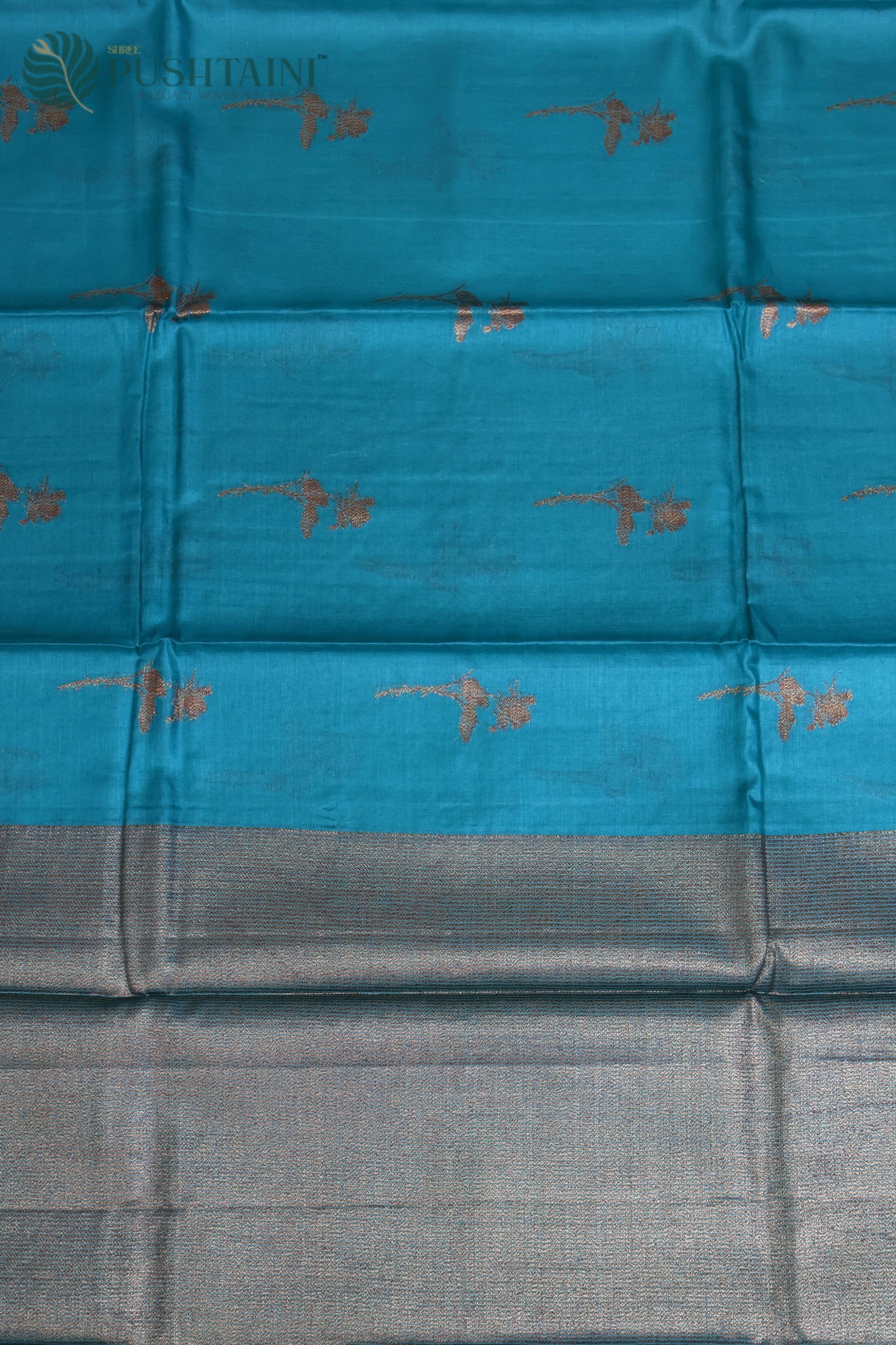 Teal Blue Pure Tussar Banarasi Silk Saree with Antique Zari work