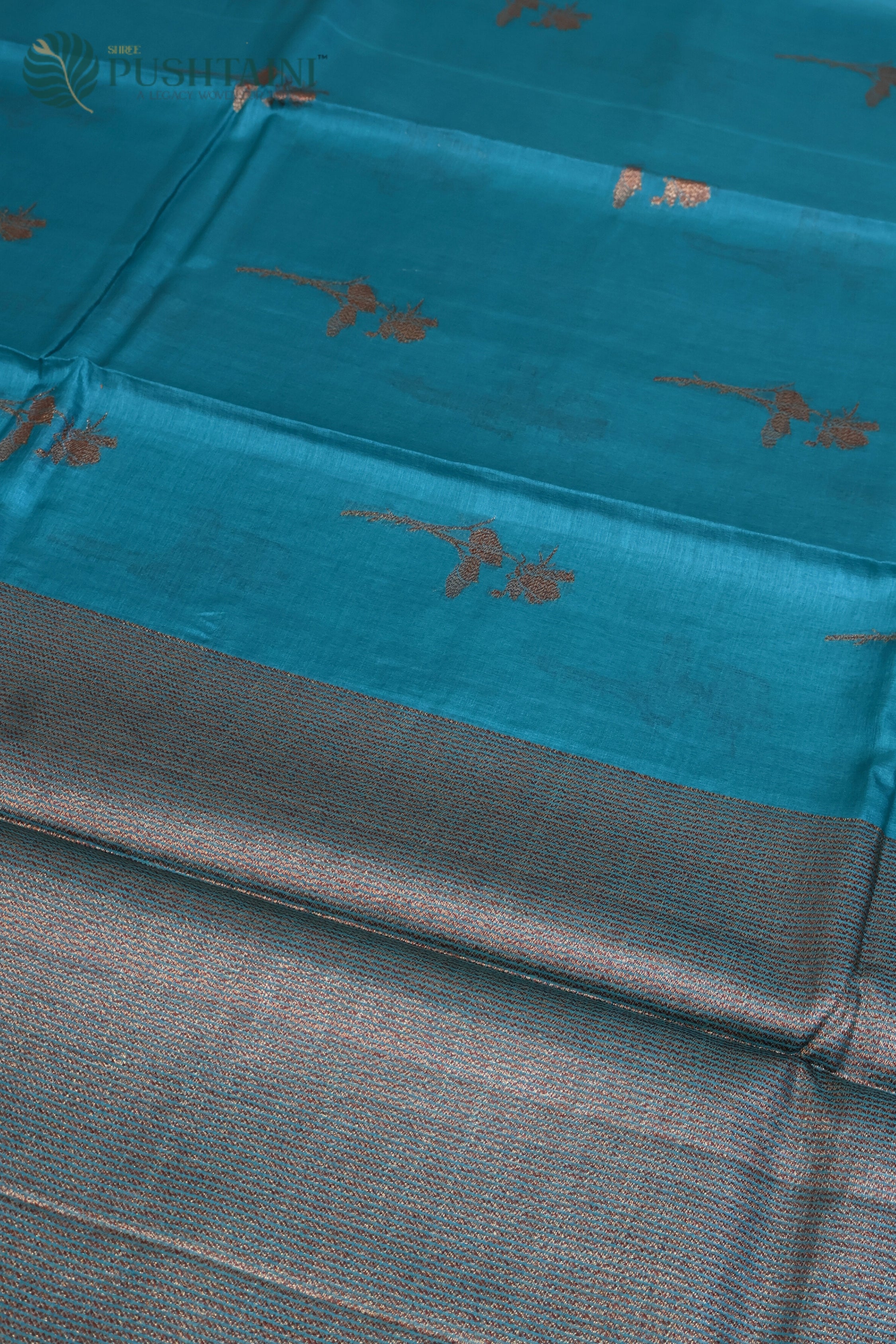 Teal Blue Pure Tussar Banarasi Silk Saree with Antique Zari work