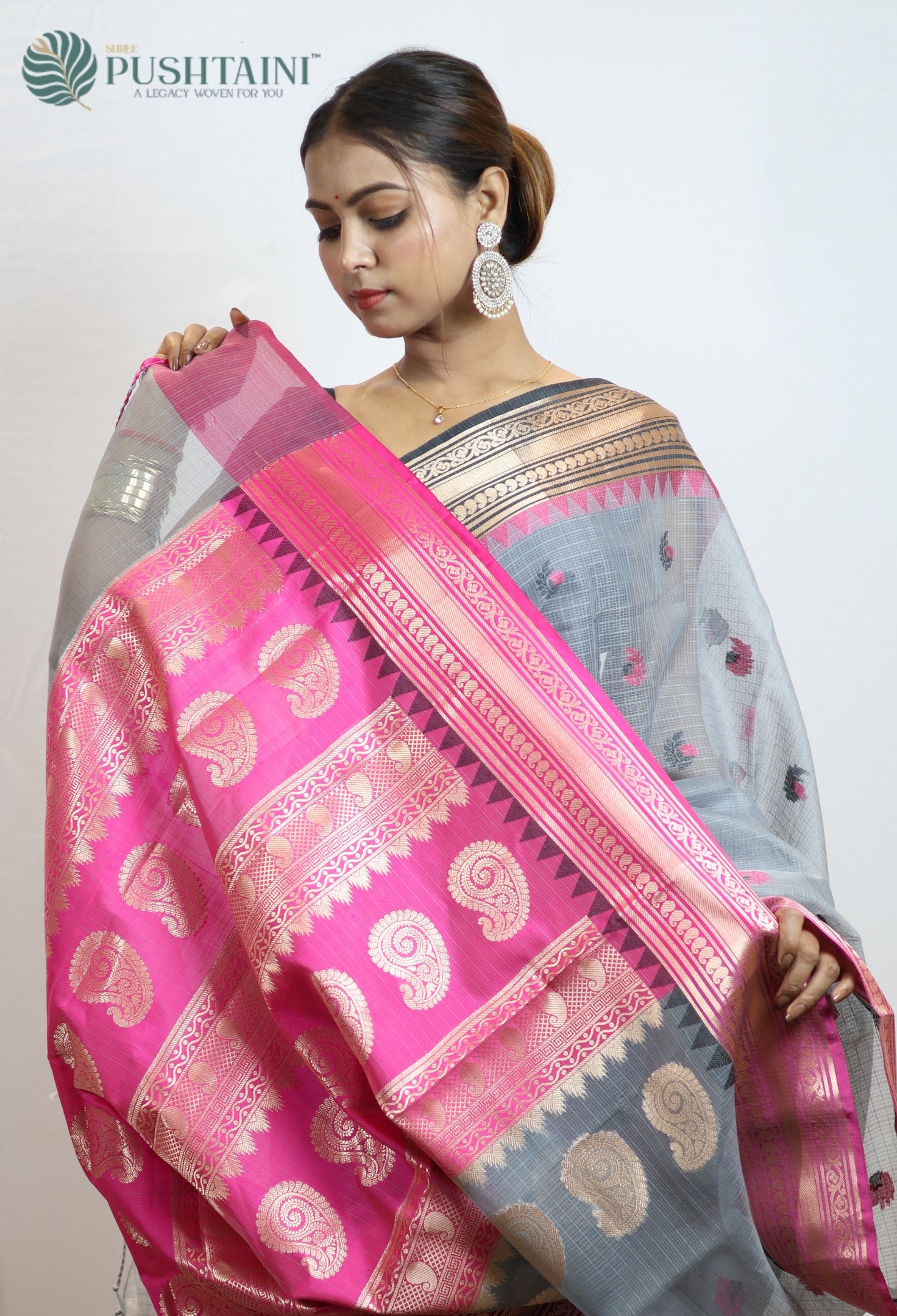 Grey Kota Doria Saree with Anchal Border work
