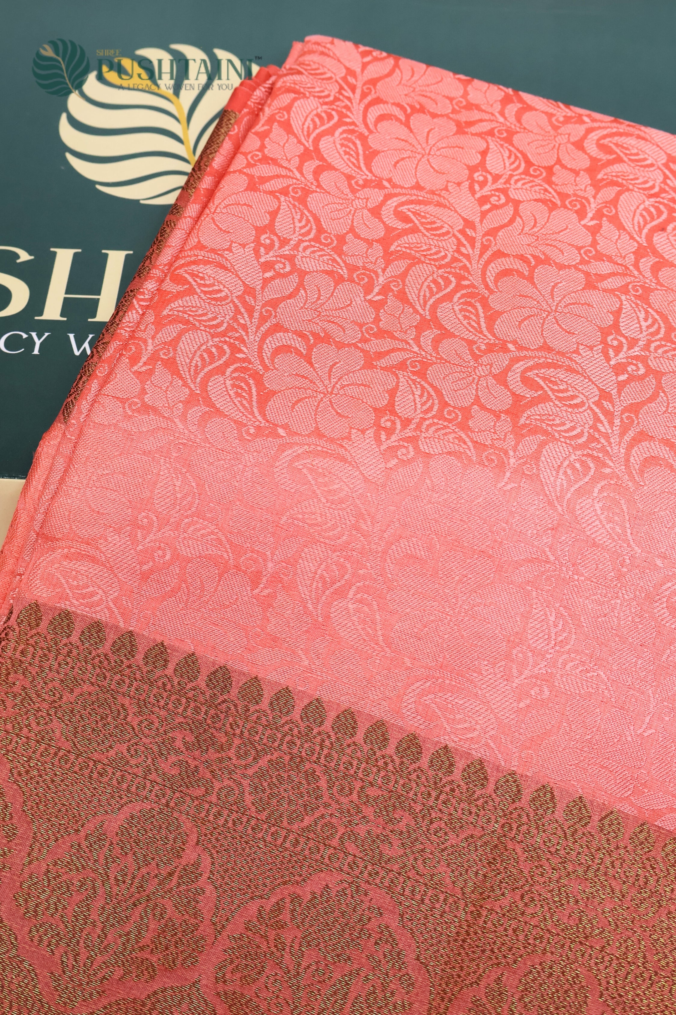 Royal Peach Pure Dupion Banarasi Silk Saree with Antique Zari Work