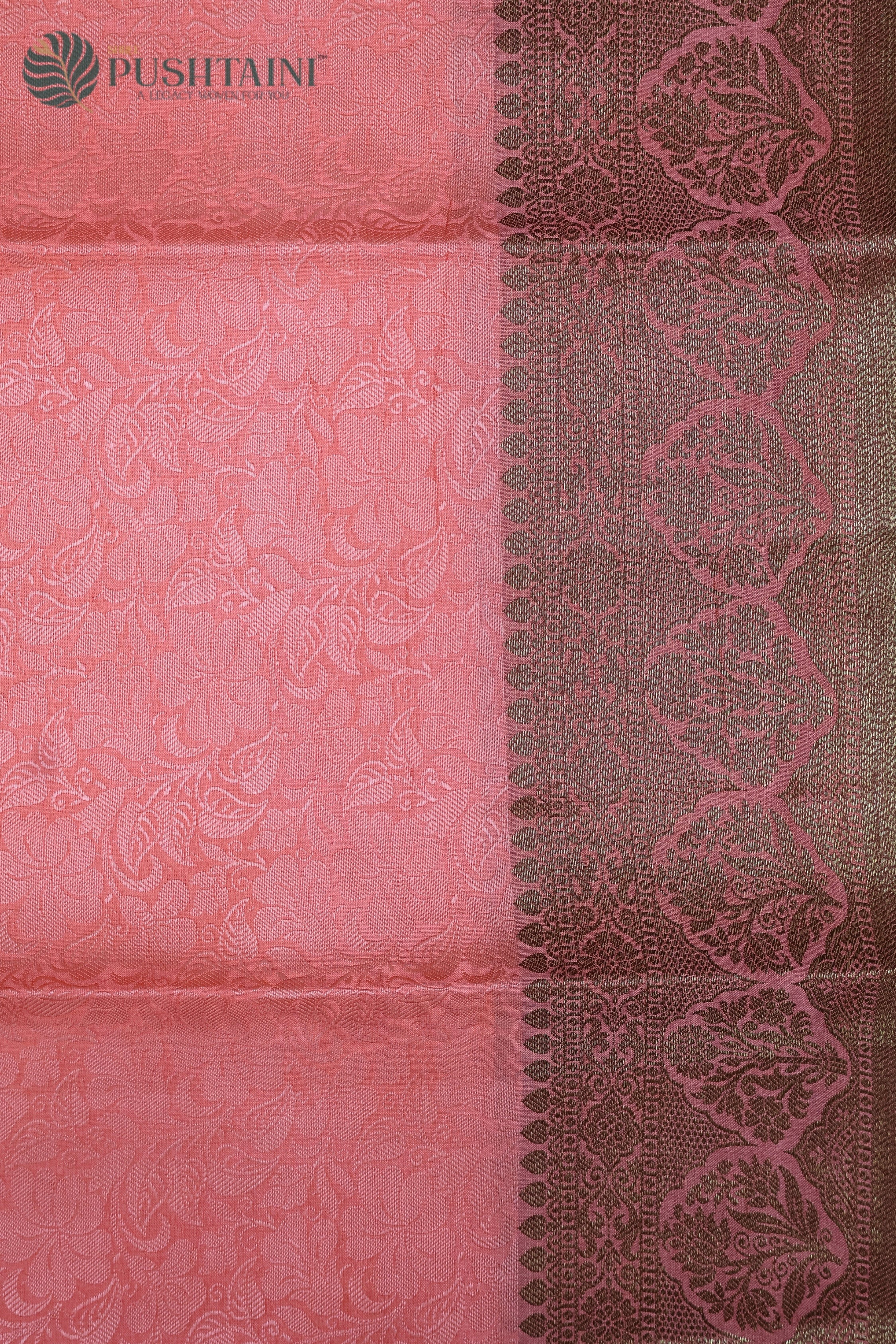 Royal Peach Pure Dupion Banarasi Silk Saree with Antique Zari Work