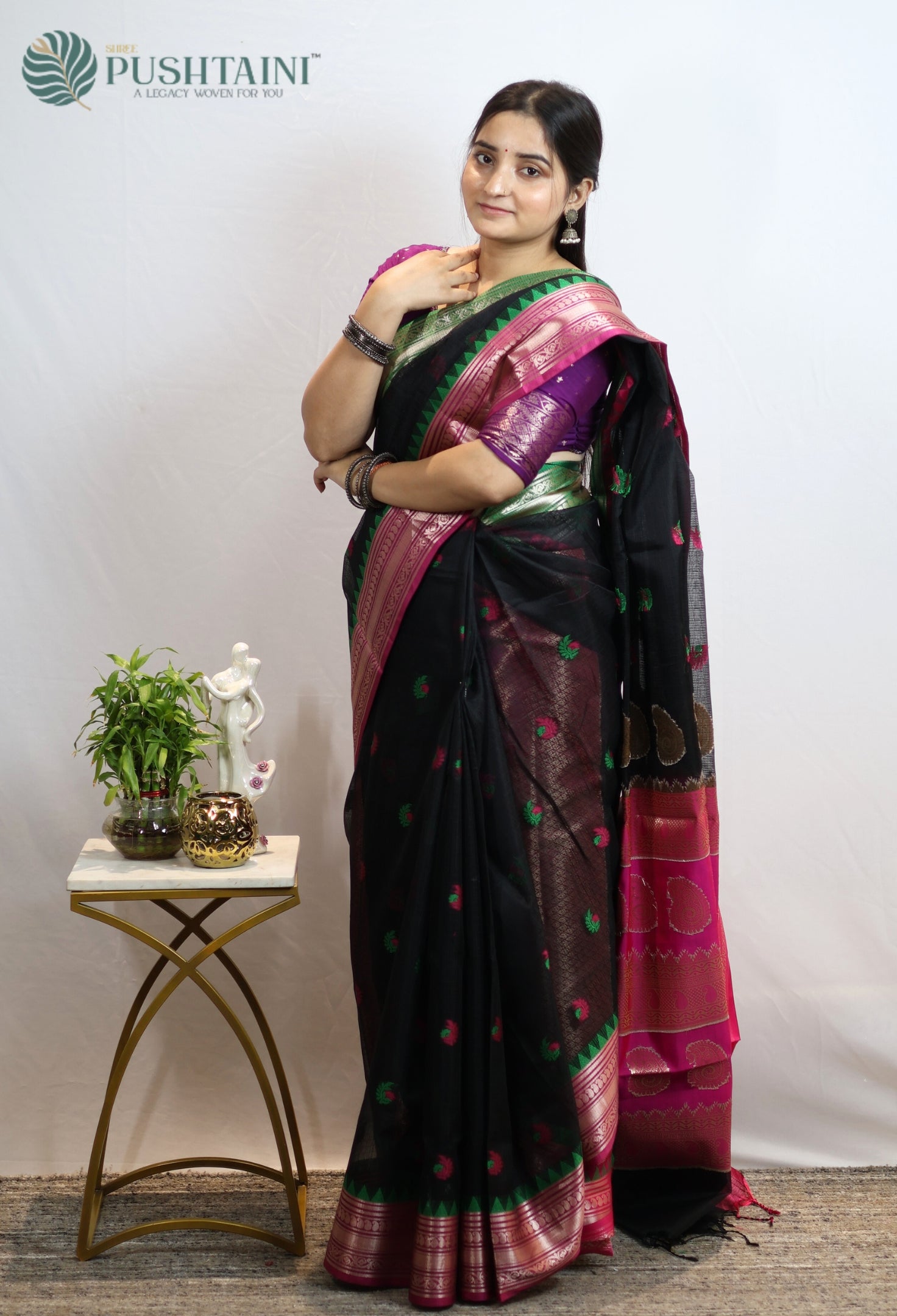 Black Kota Doria Saree with Anchal Border work