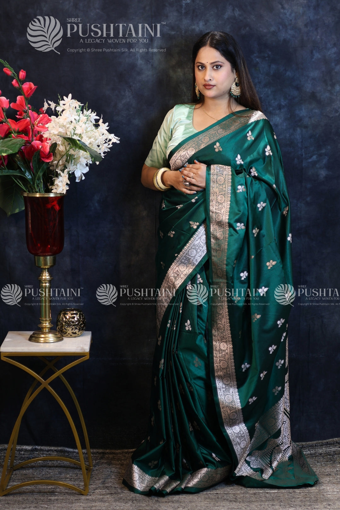 Banarasi Mashru Silk Bottel Green Saree