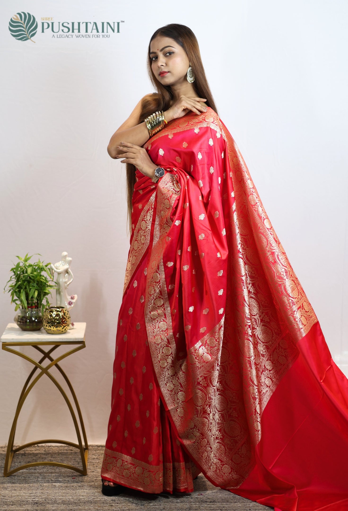 Red Semi Mashru Silk Saree with Allover Buti Zari work