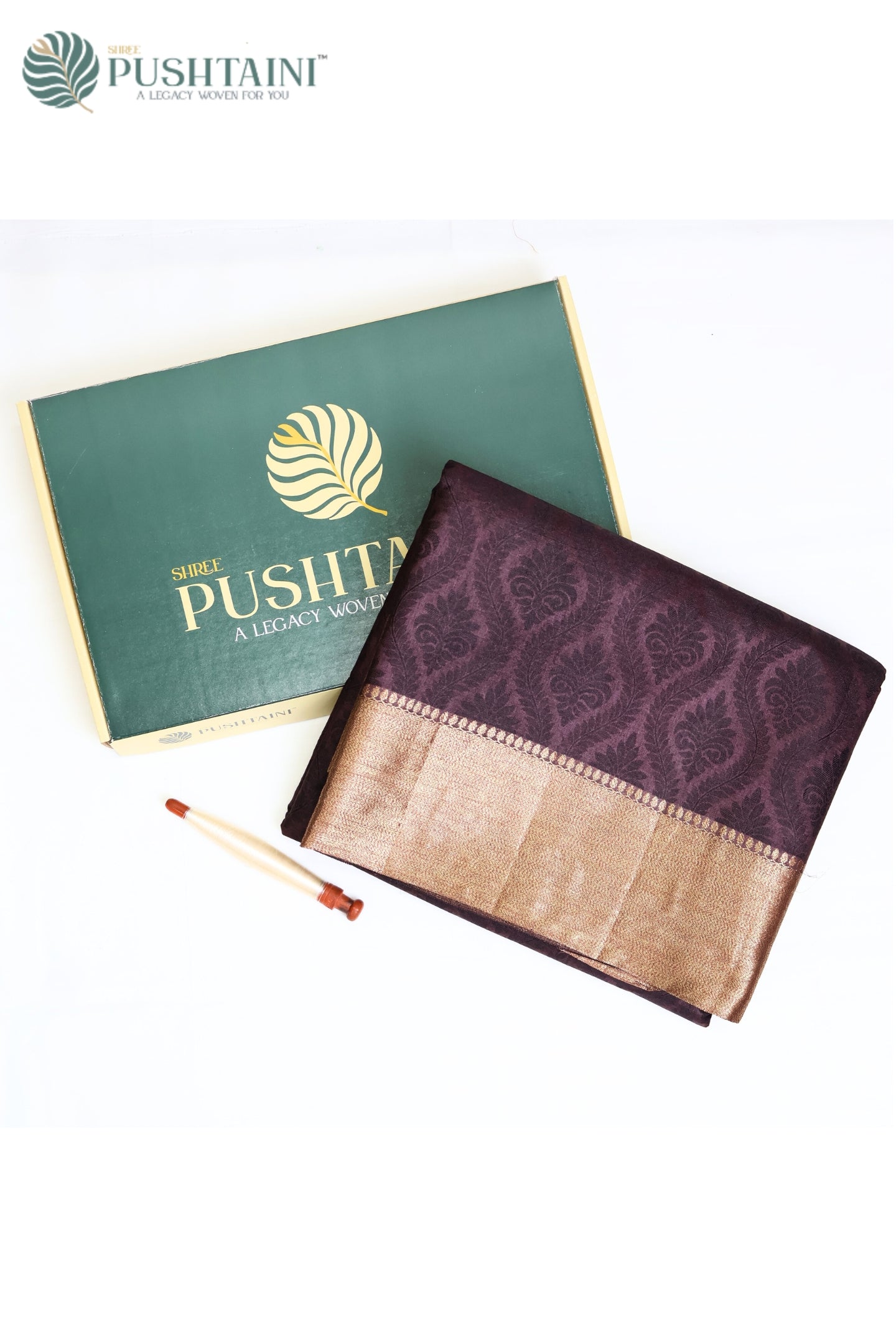 Dark Wine Pure Tussar Tanchoi Silk Saree with Golden Border