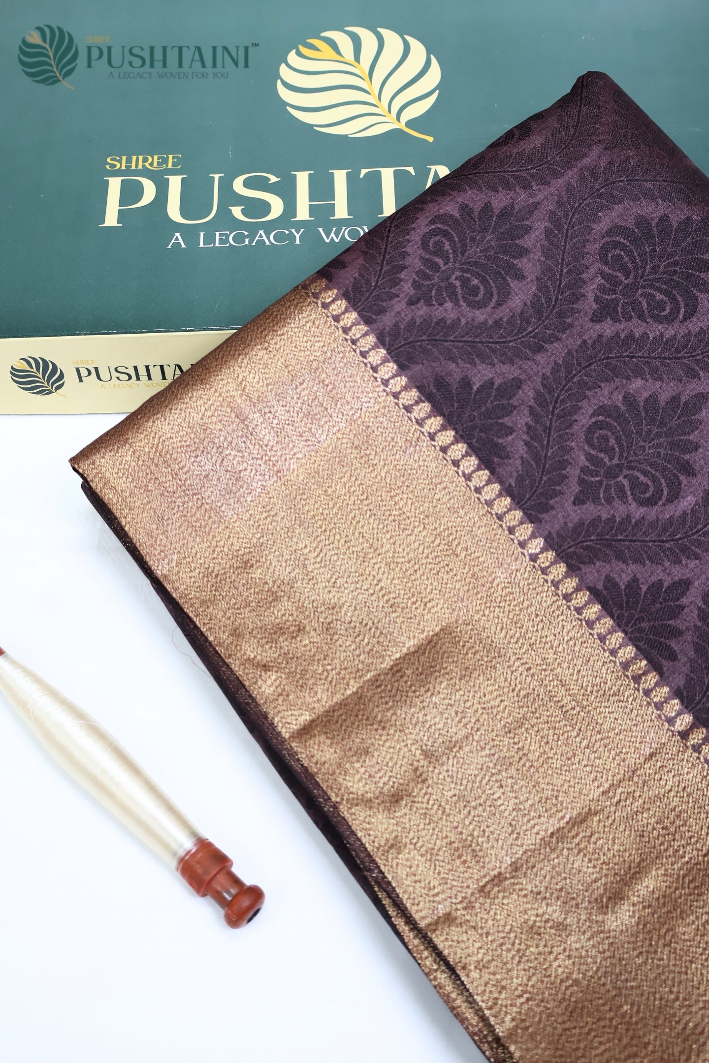 Dark Wine Pure Tussar Tanchoi Silk Saree with Golden Border