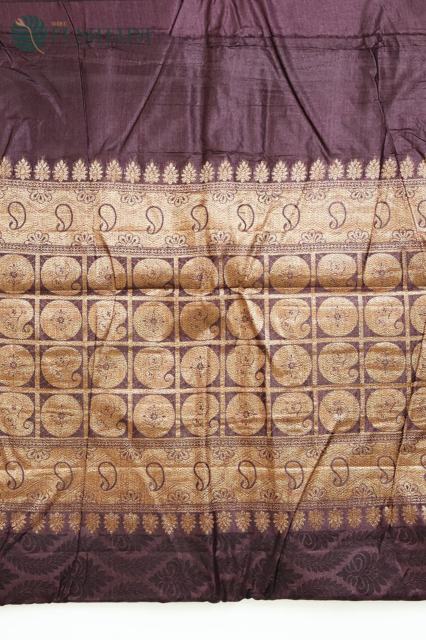 Dark Wine Pure Tussar Tanchoi Silk Saree with Golden Border