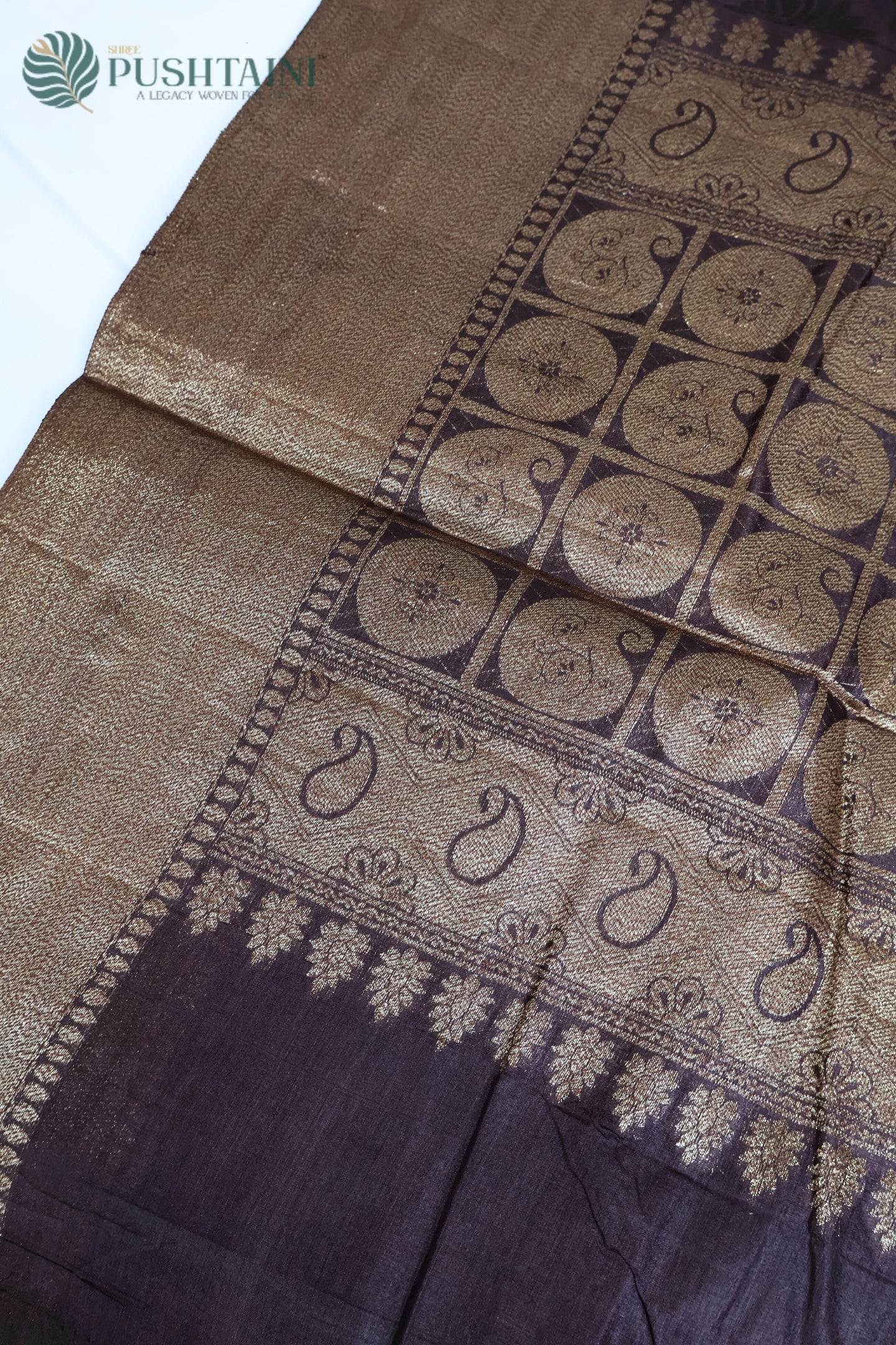 Dark Wine Pure Tussar Tanchoi Silk Saree with Golden Border