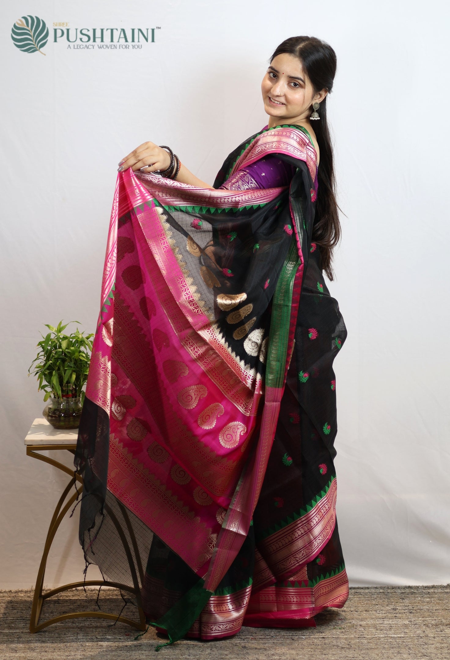 Black Kota Doria Saree with Anchal Border work