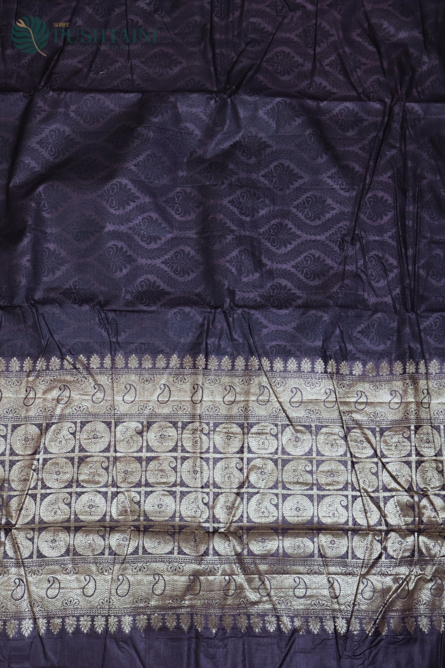 Dark Wine Pure Tussar Tanchoi Silk Saree with Golden Border