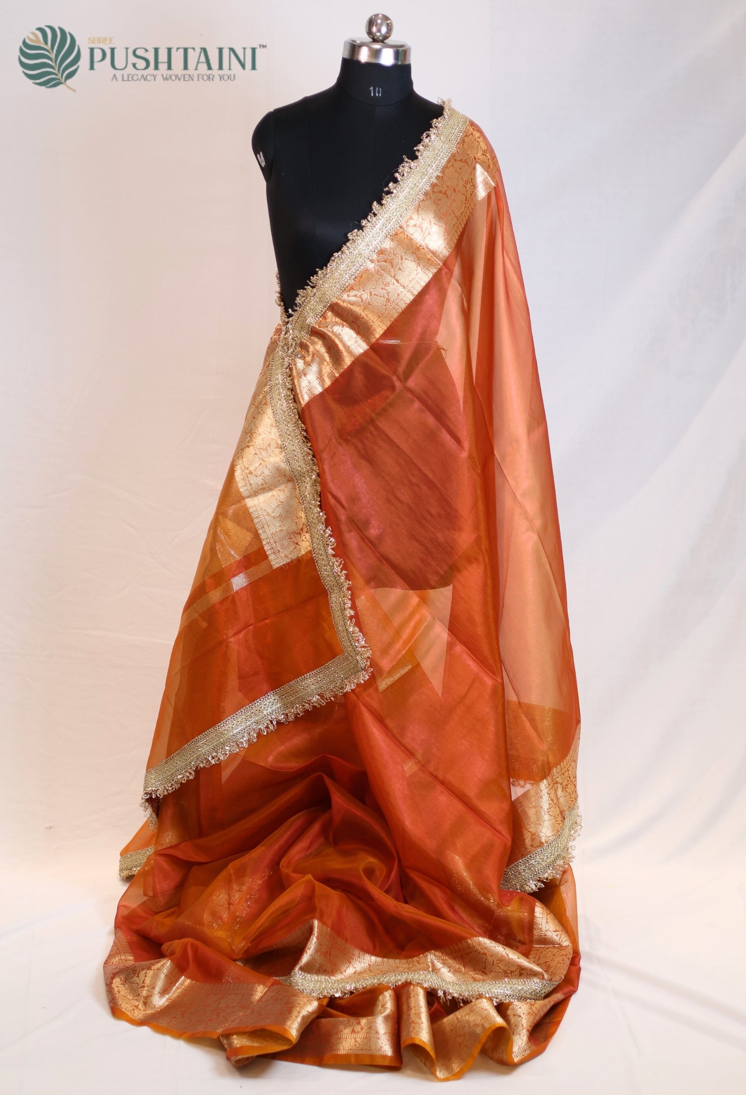 Metalic Orange Tissue Plain Silk Saree with Border Lace work