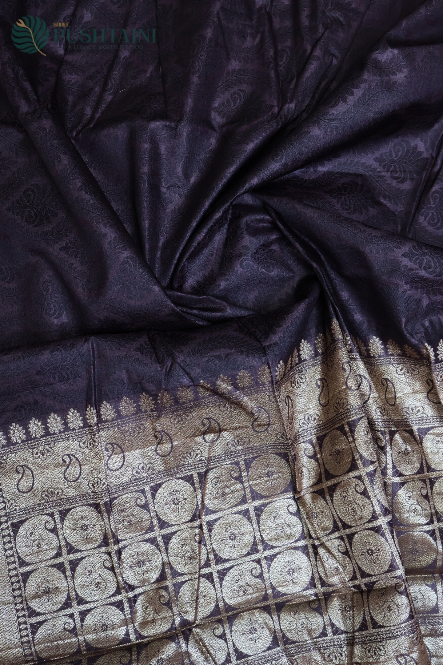 Dark Wine Pure Tussar Tanchoi Silk Saree with Golden Border