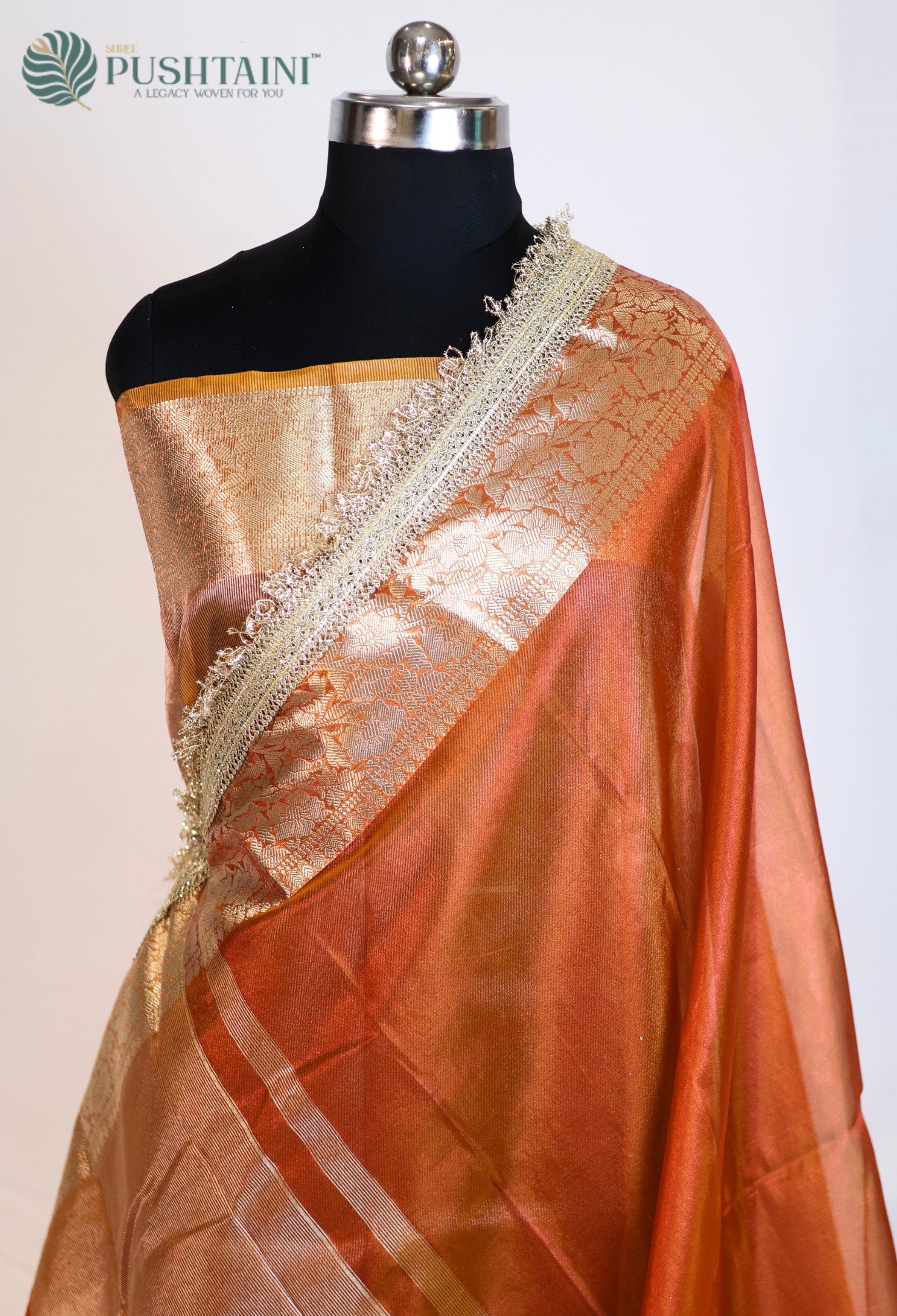 Metalic Orange Tissue Plain Silk Saree with Border Lace work