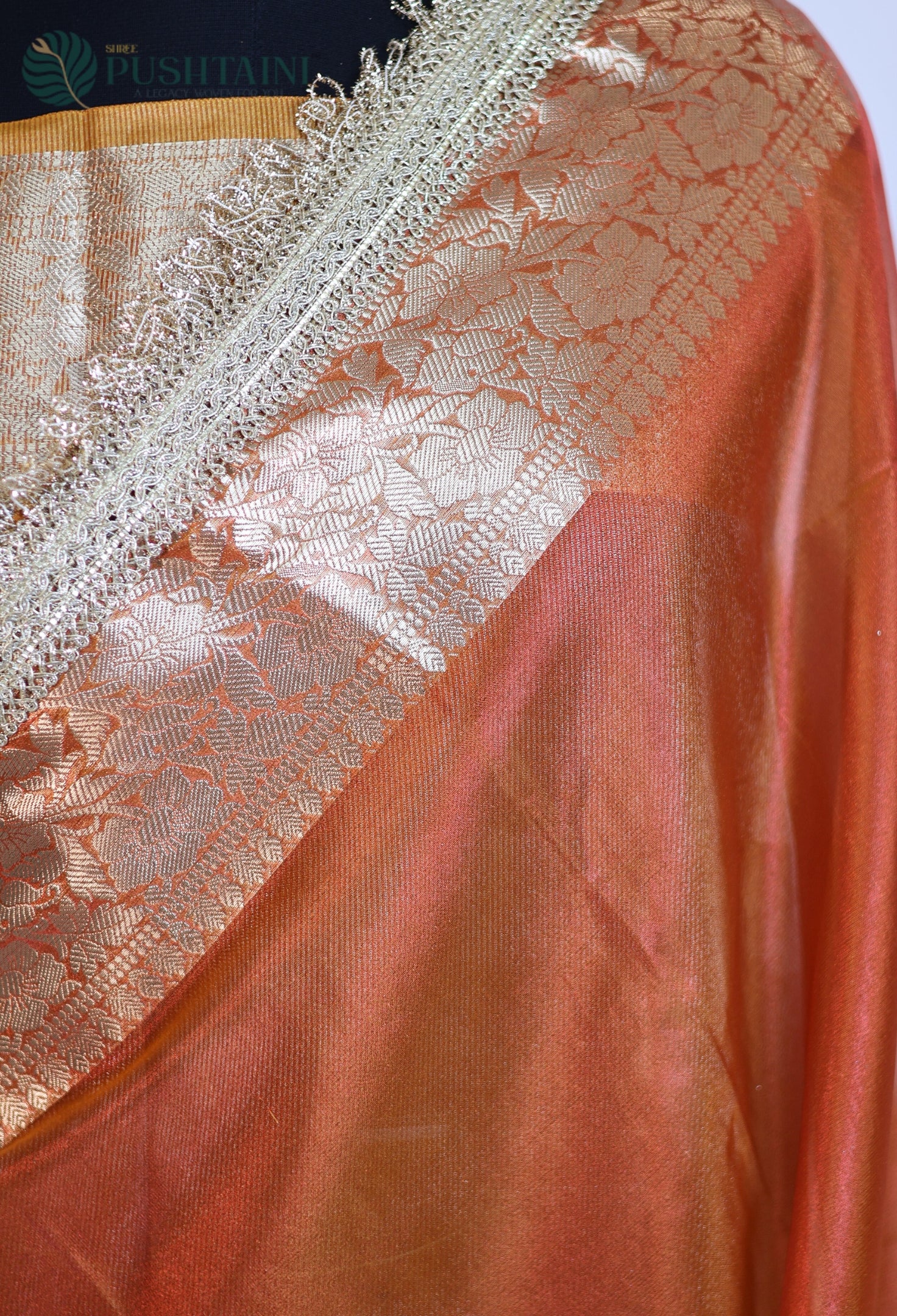 Metalic Orange Tissue Plain Silk Saree with Border Lace work