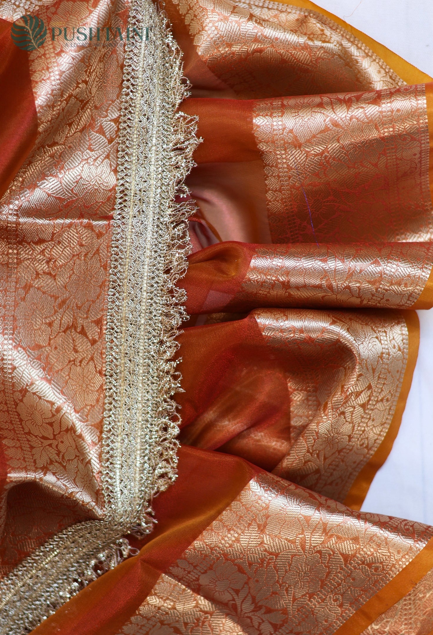 Metalic Orange Tissue Plain Silk Saree with Border Lace work