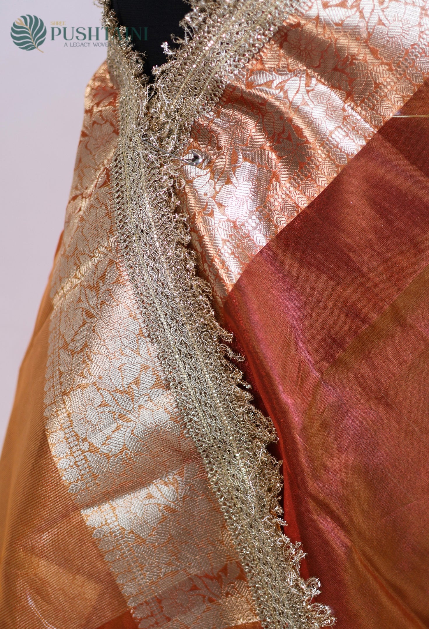 Metalic Orange Tissue Plain Silk Saree with Border Lace work