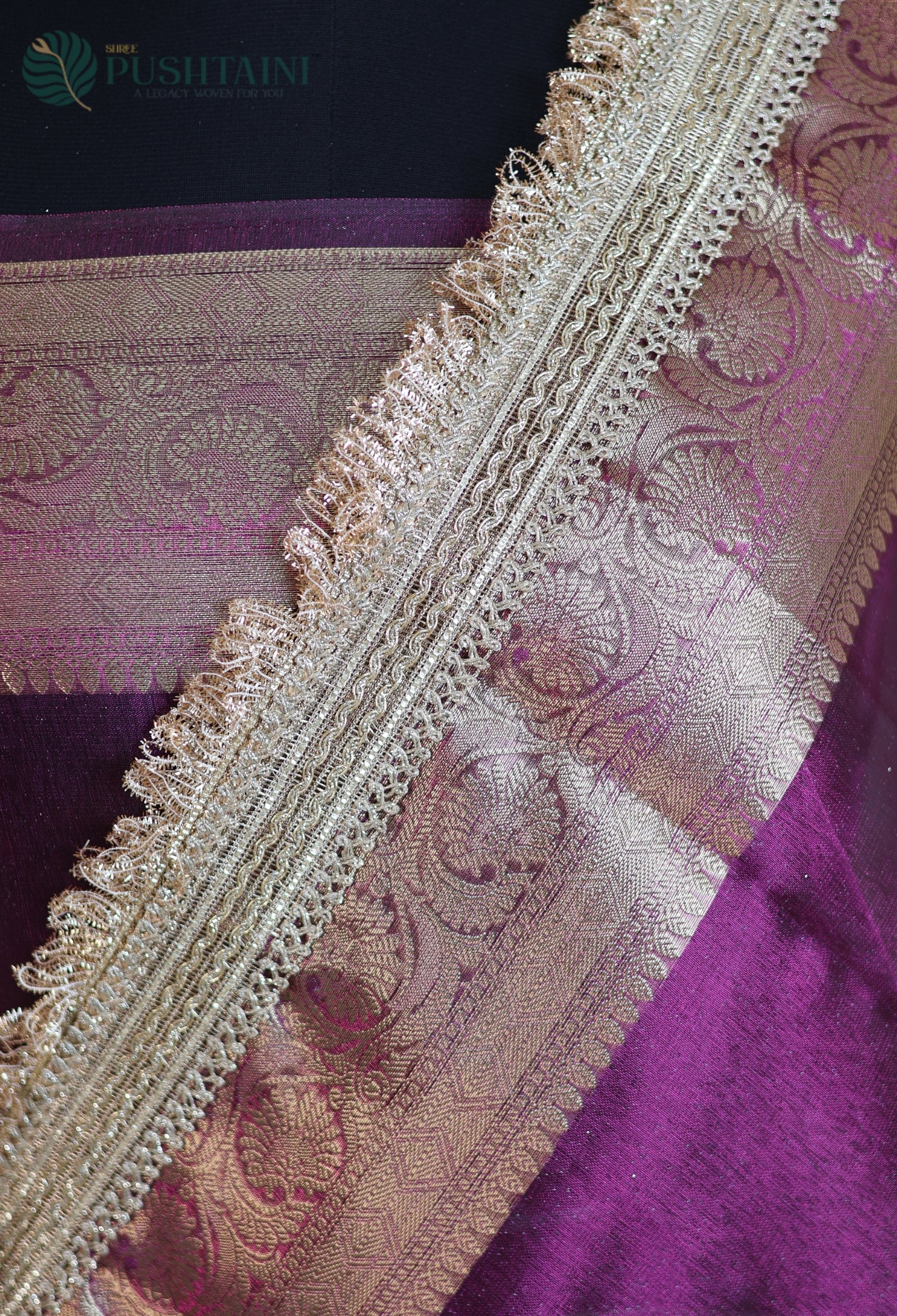 Deep Purple Tissue Plain Silk Saree with Border Lace work