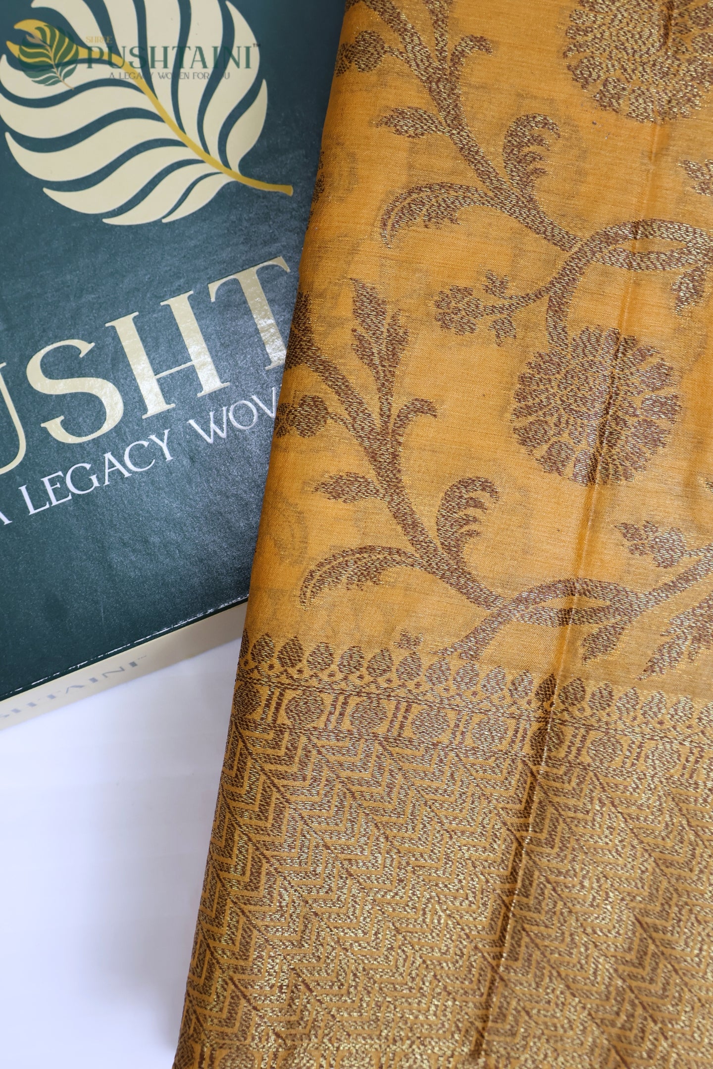 Mustard Yellow Pure Tussar Banarasi Silk Saree with Antique Zari work