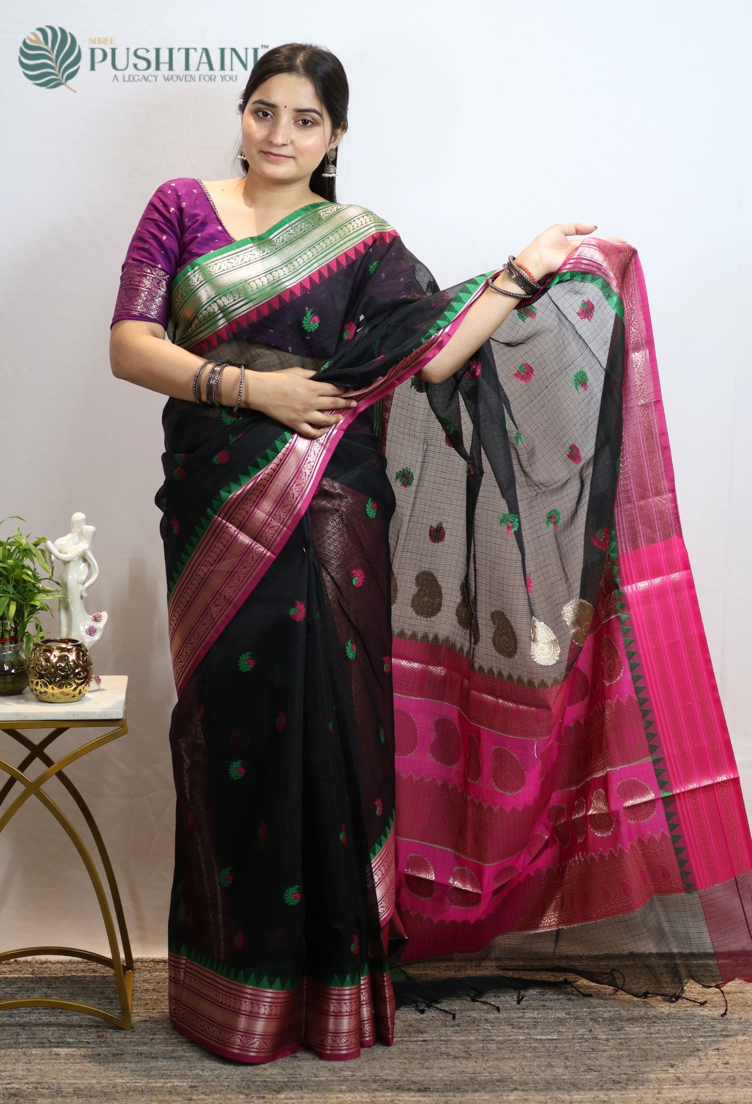 Black Kota Doria Saree with Anchal Border work
