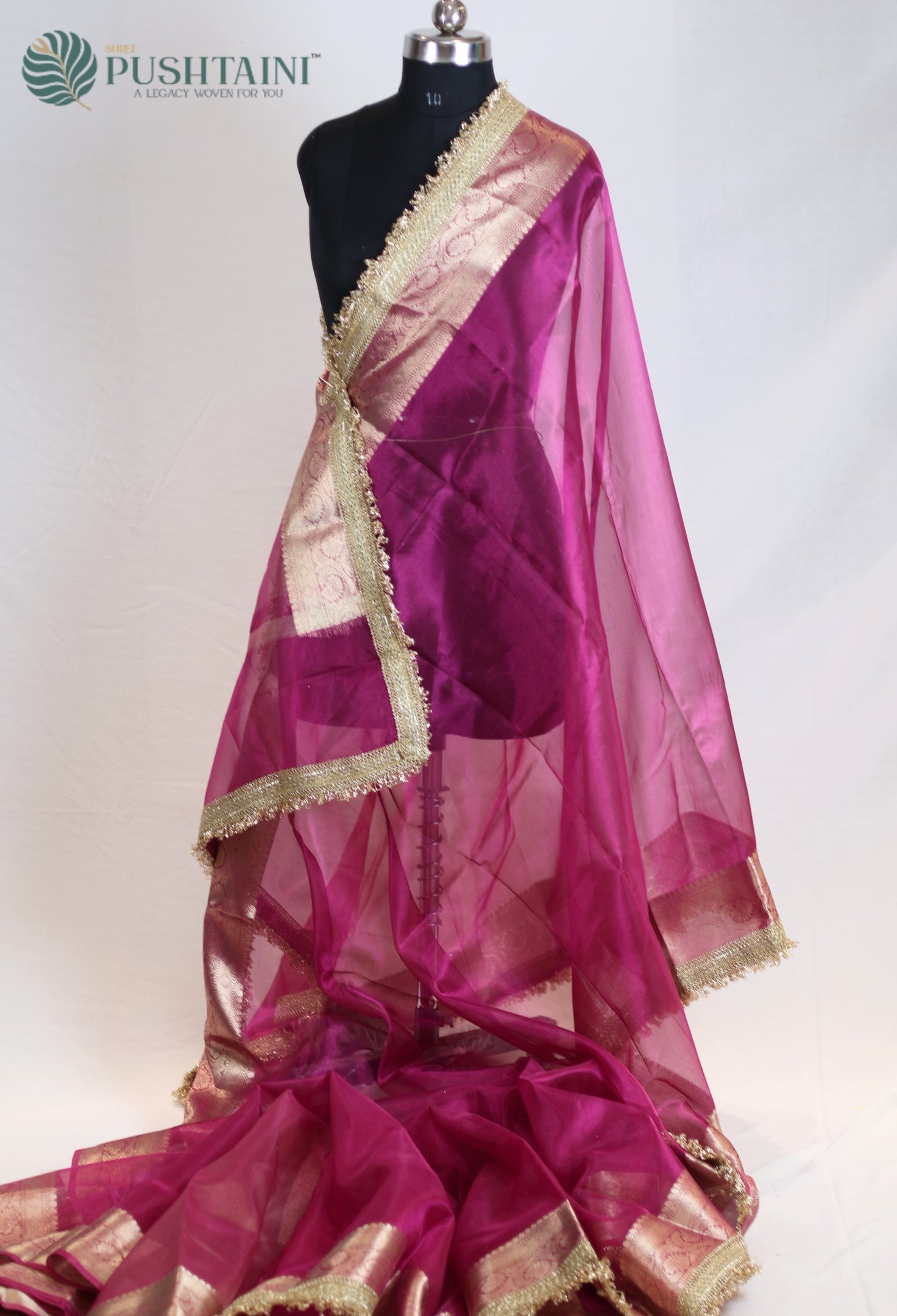 Rani Pink Tissue Plain Silk Saree with Border Lace work