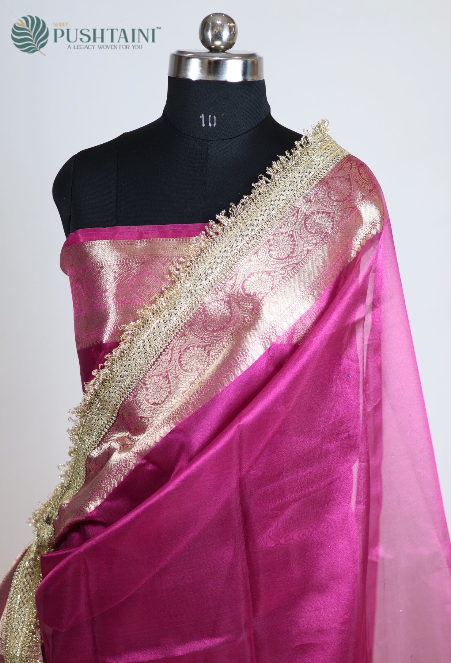Rani Pink Tissue Plain Silk Saree with Border Lace work