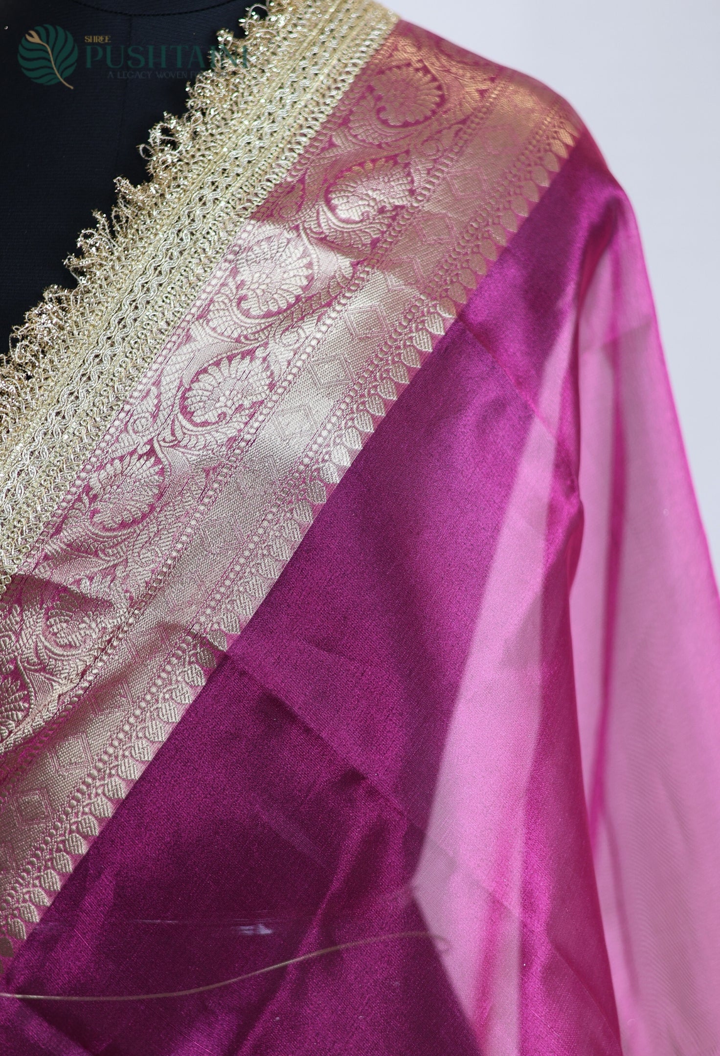 Rani Pink Tissue Plain Silk Saree with Border Lace work