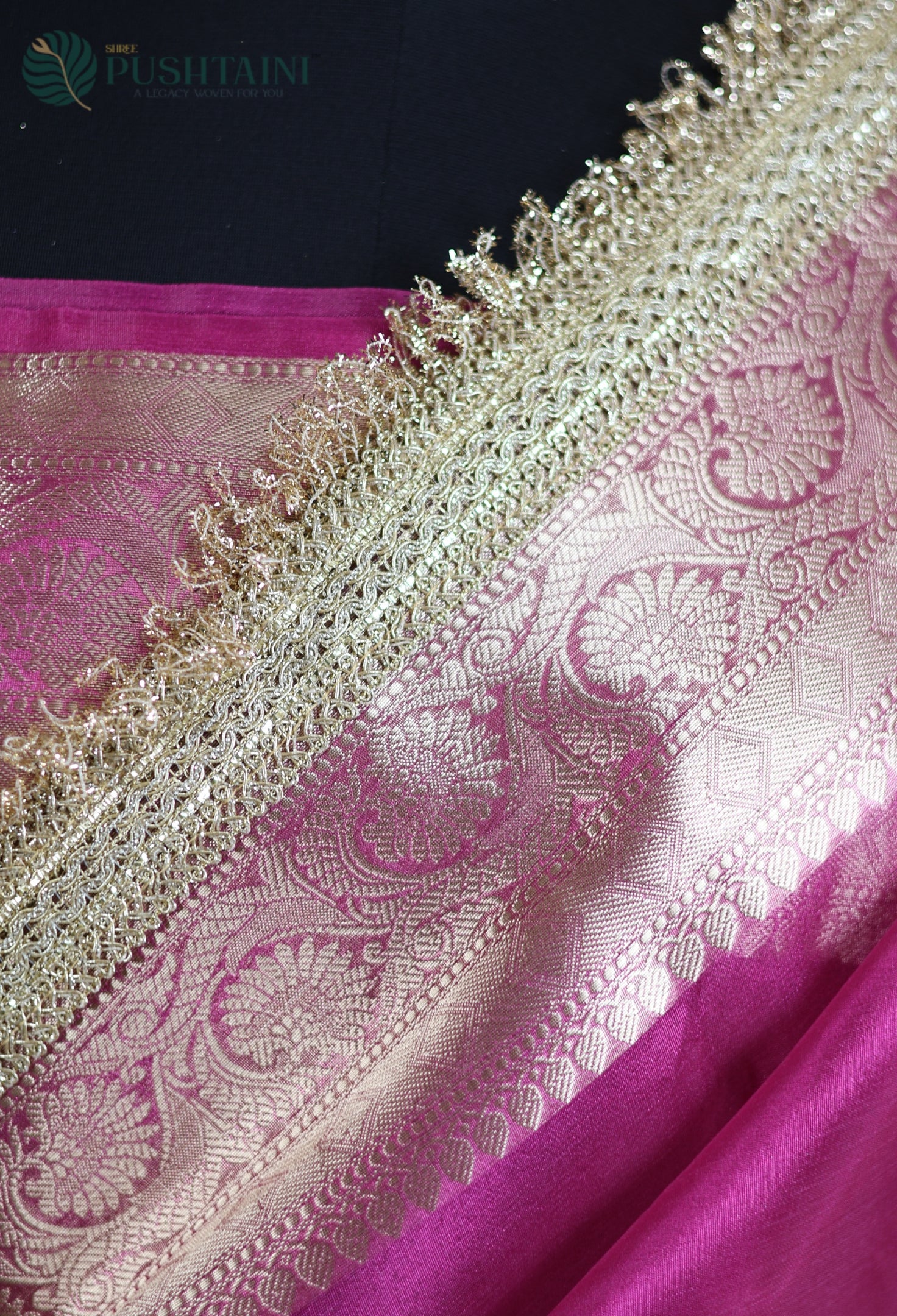 Rani Pink Tissue Plain Silk Saree with Border Lace work