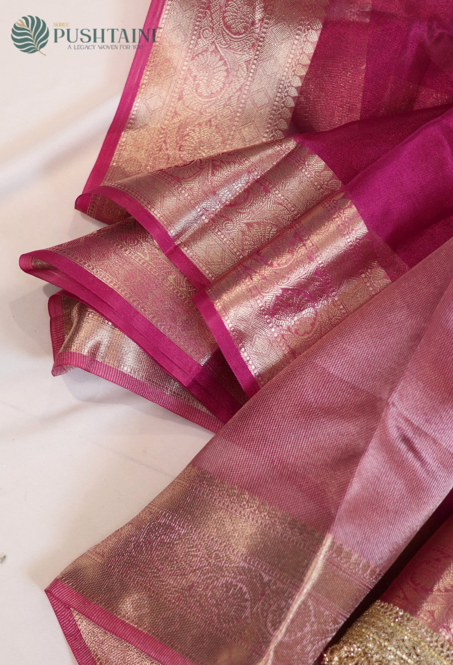 Rani Pink Tissue Plain Silk Saree with Border Lace work