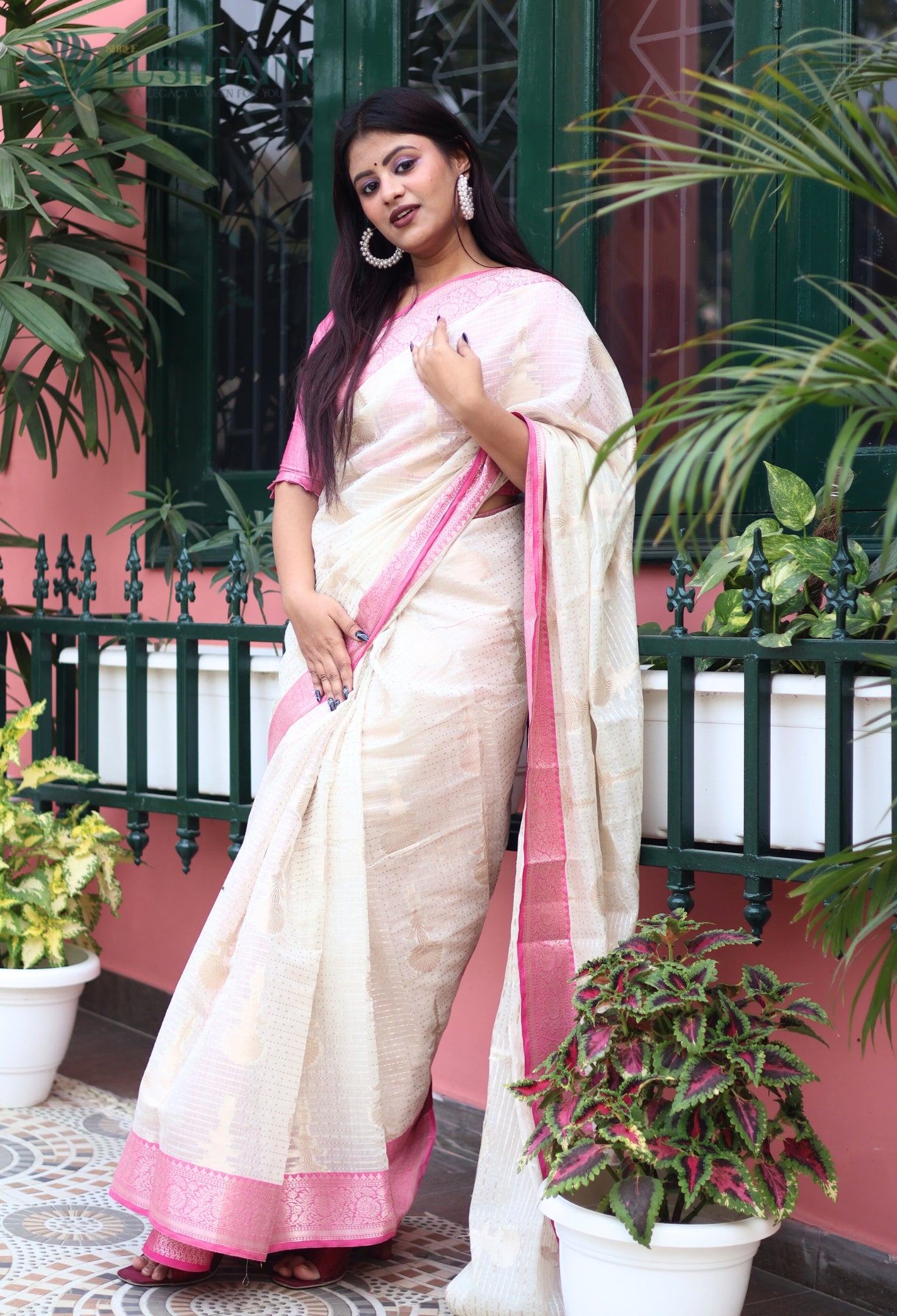 Baby Pink Cotton Single Saree with Allover Zari work