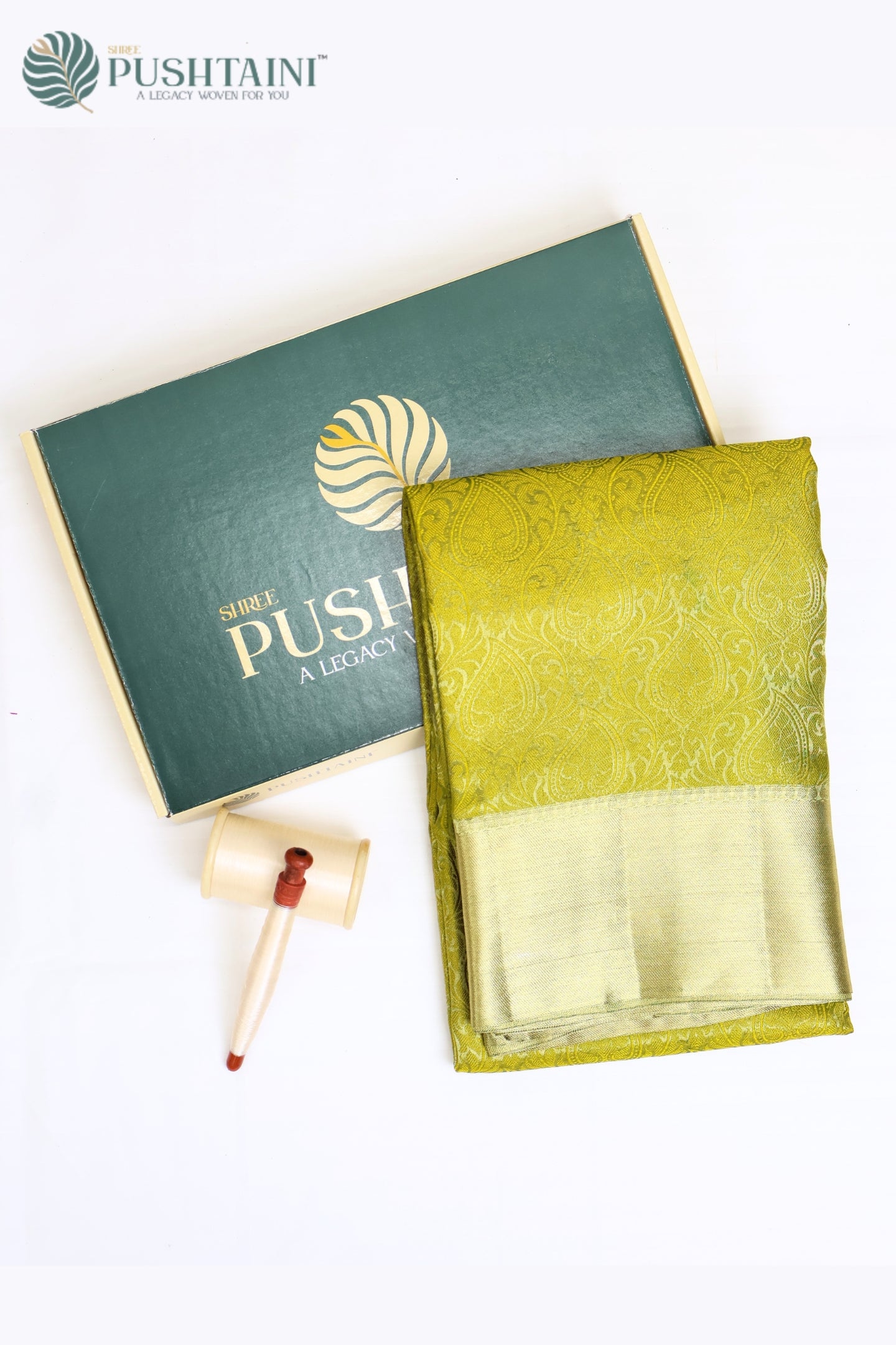 Parrot Green Pure Tissue Dupion Tanchoi Silk Saree with Golden Border