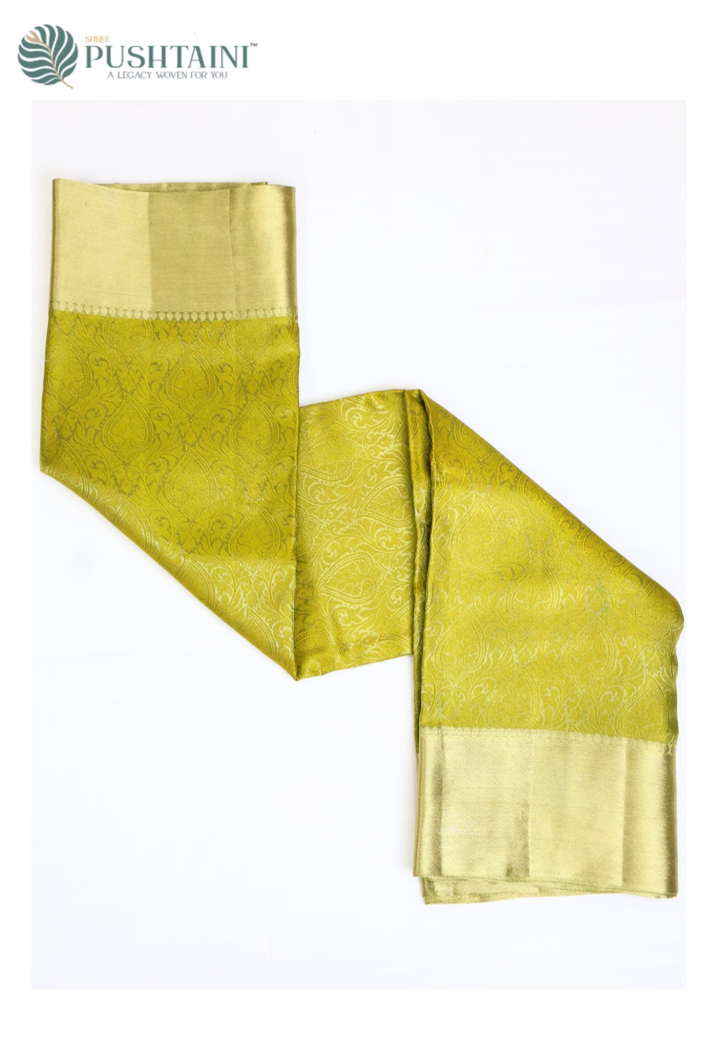 Parrot Green Pure Tissue Dupion Tanchoi Silk Saree with Golden Border