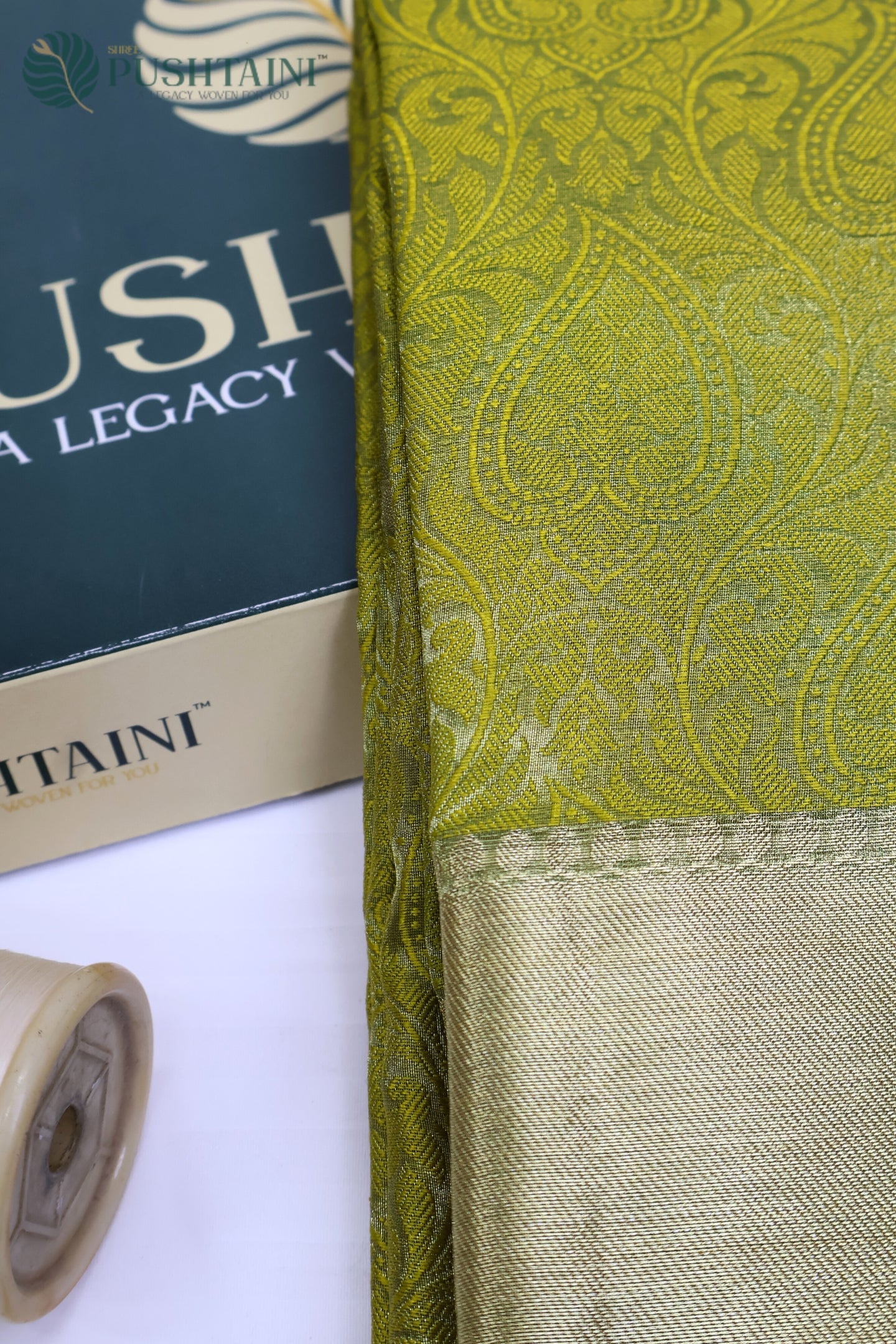 Parrot Green Pure Tissue Dupion Tanchoi Silk Saree with Golden Border