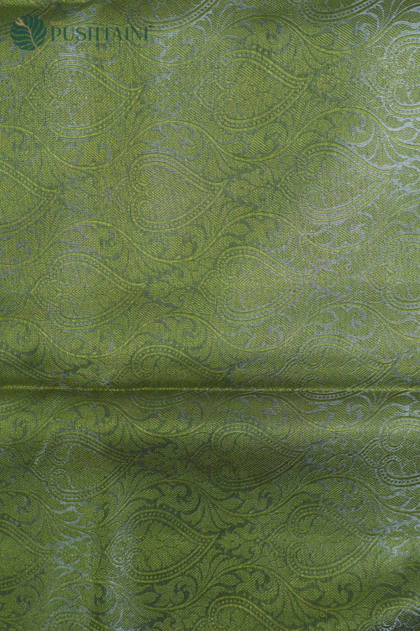 Parrot Green Pure Tissue Dupion Tanchoi Silk Saree with Golden Border