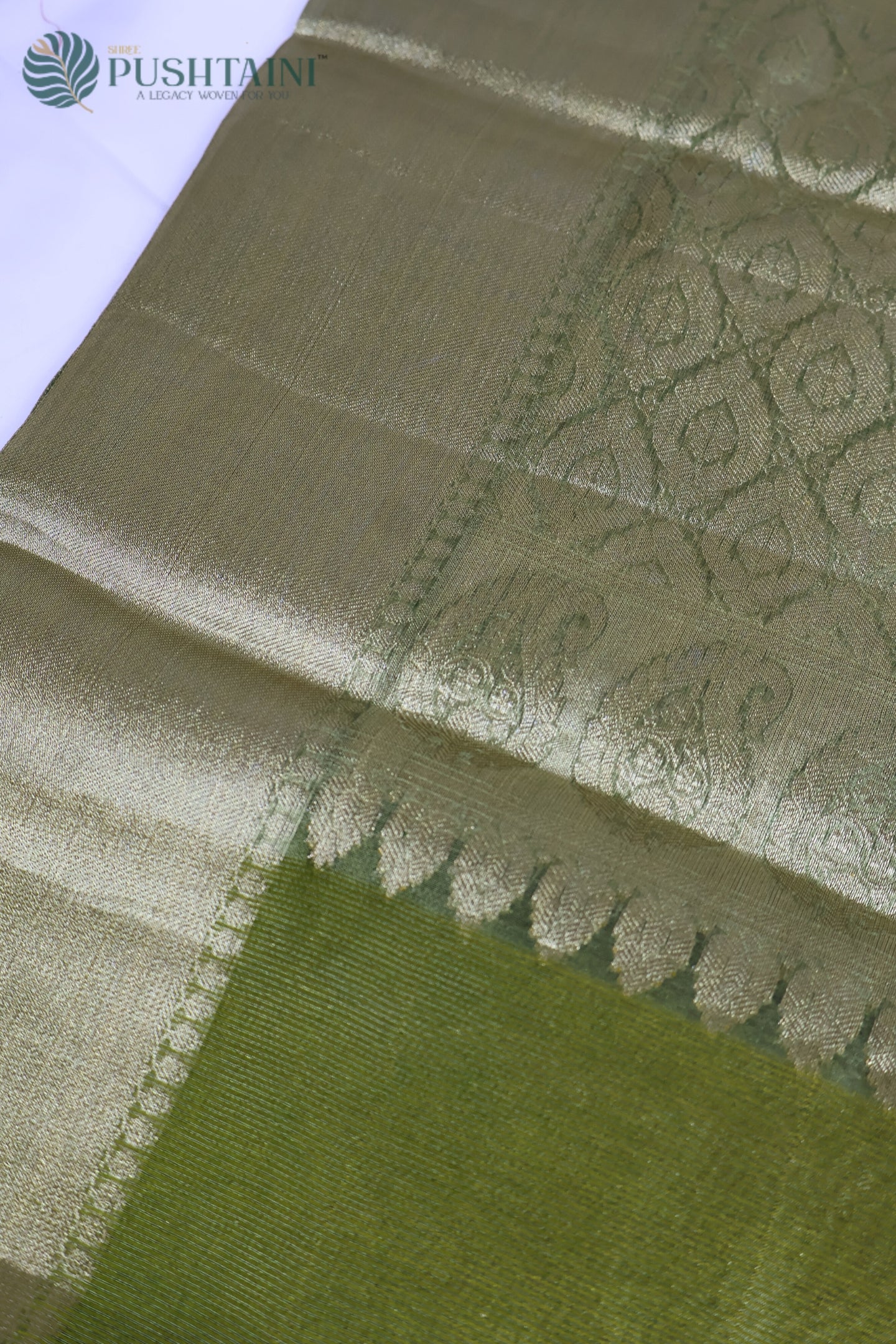 Parrot Green Pure Tissue Dupion Tanchoi Silk Saree with Golden Border