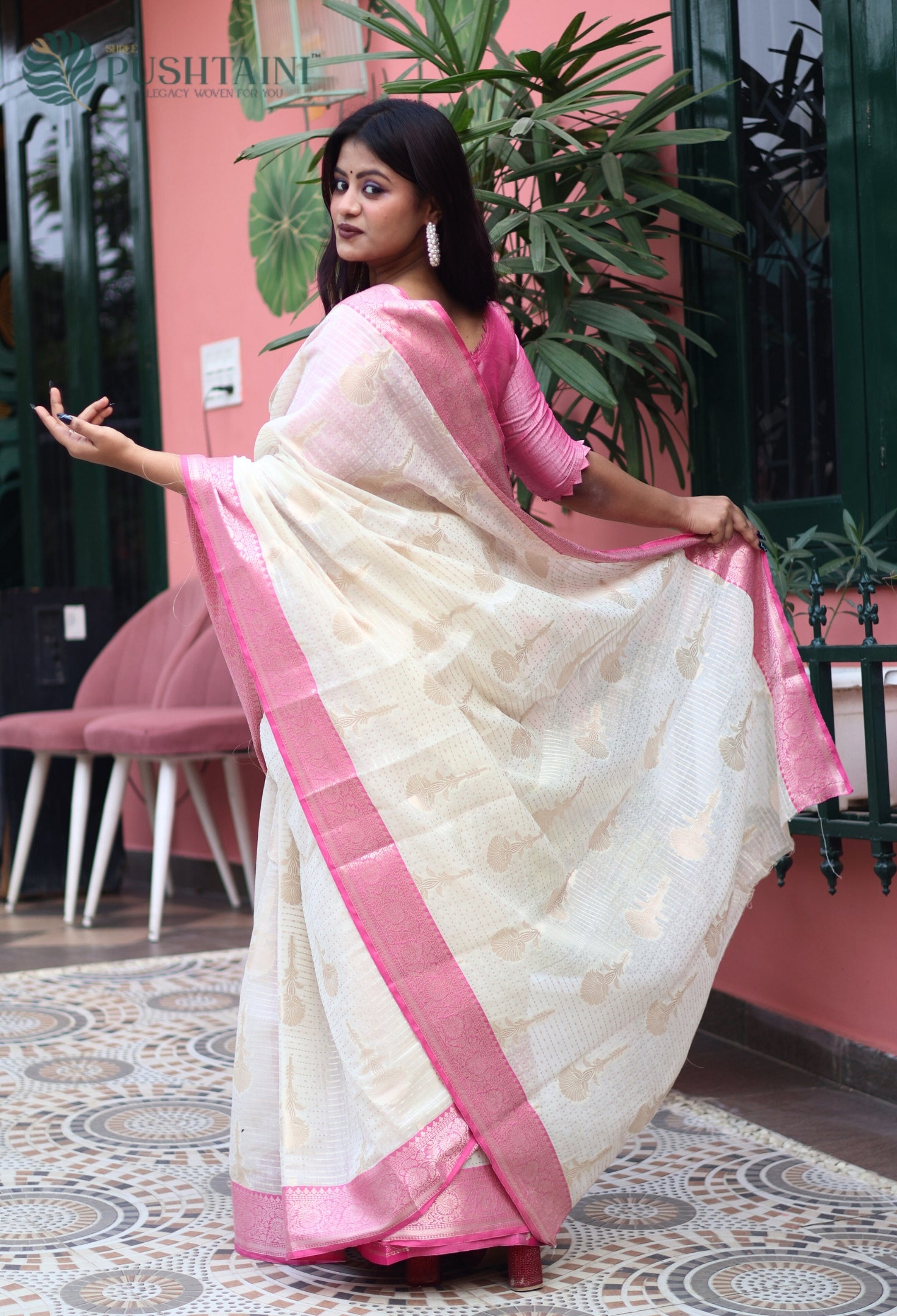 Baby Pink Cotton Single Saree with Allover Zari work