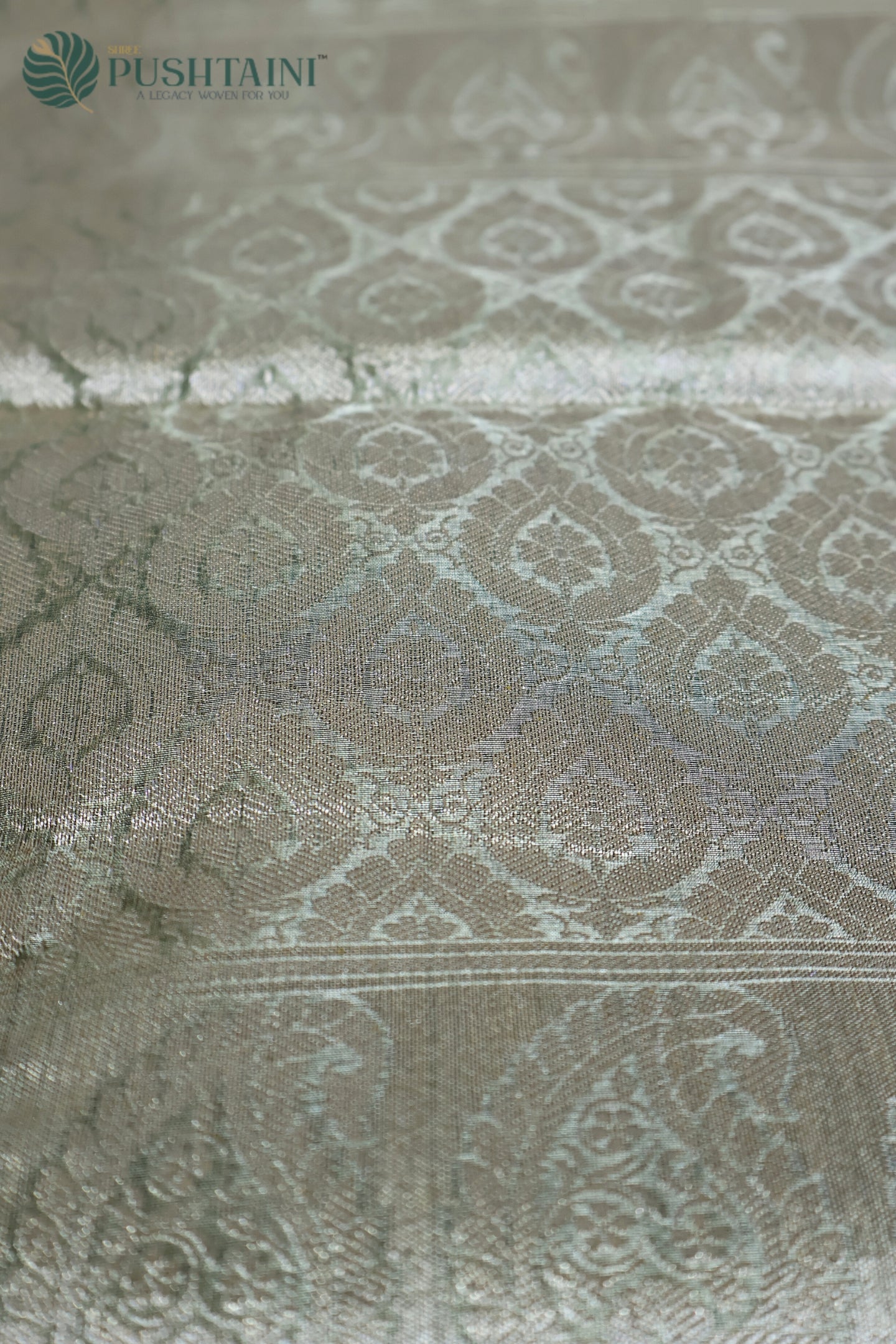 Parrot Green Pure Tissue Dupion Tanchoi Silk Saree with Golden Border