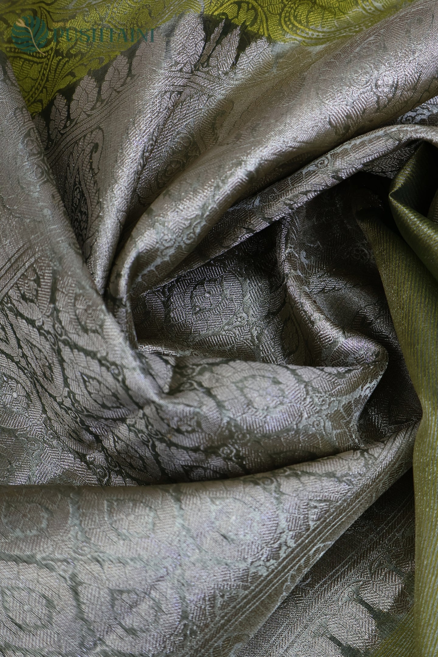 Parrot Green Pure Tissue Dupion Tanchoi Silk Saree with Golden Border