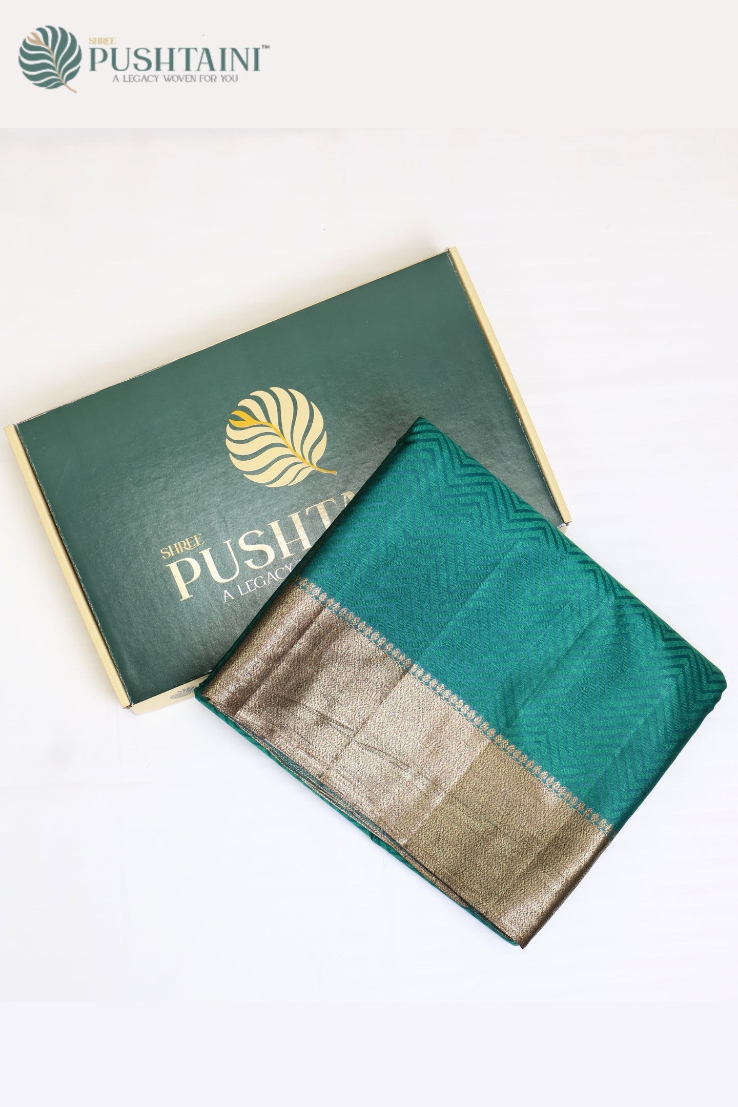 Sea Green Pure Tussar Tanchoi Silk Saree with Golden Border