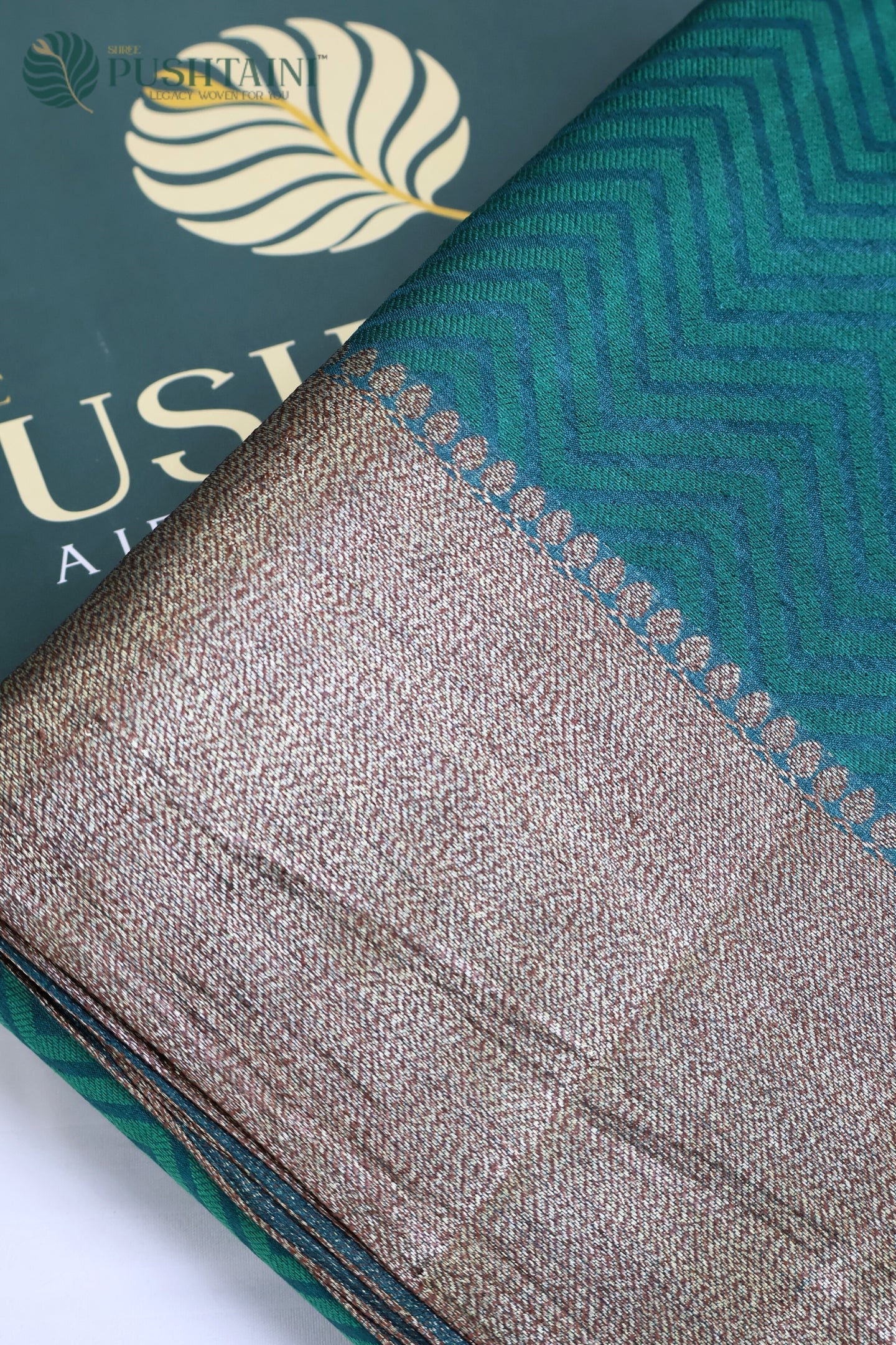 Sea Green Pure Tussar Tanchoi Silk Saree with Golden Border