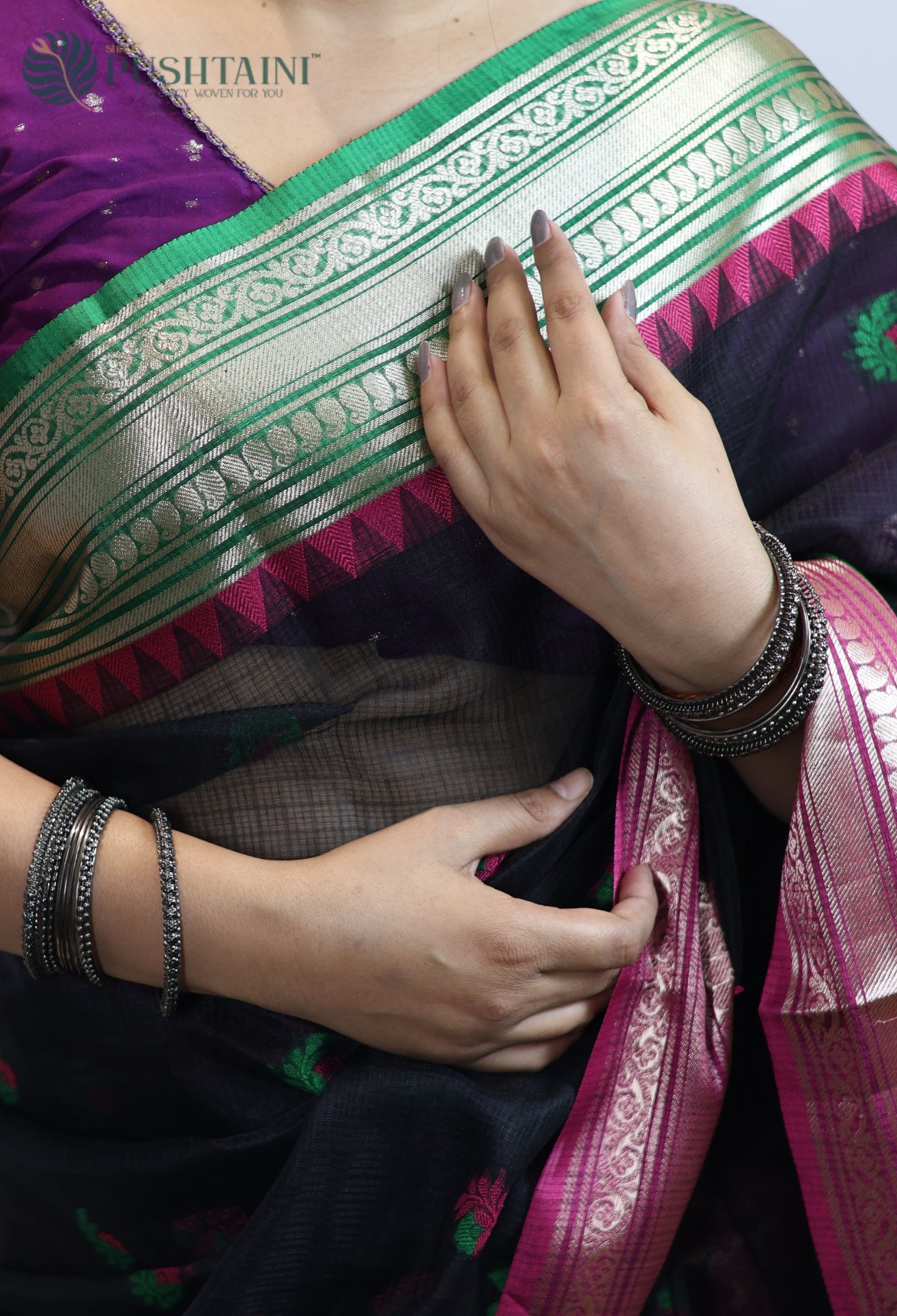 Black Kota Doria Saree with Anchal Border work