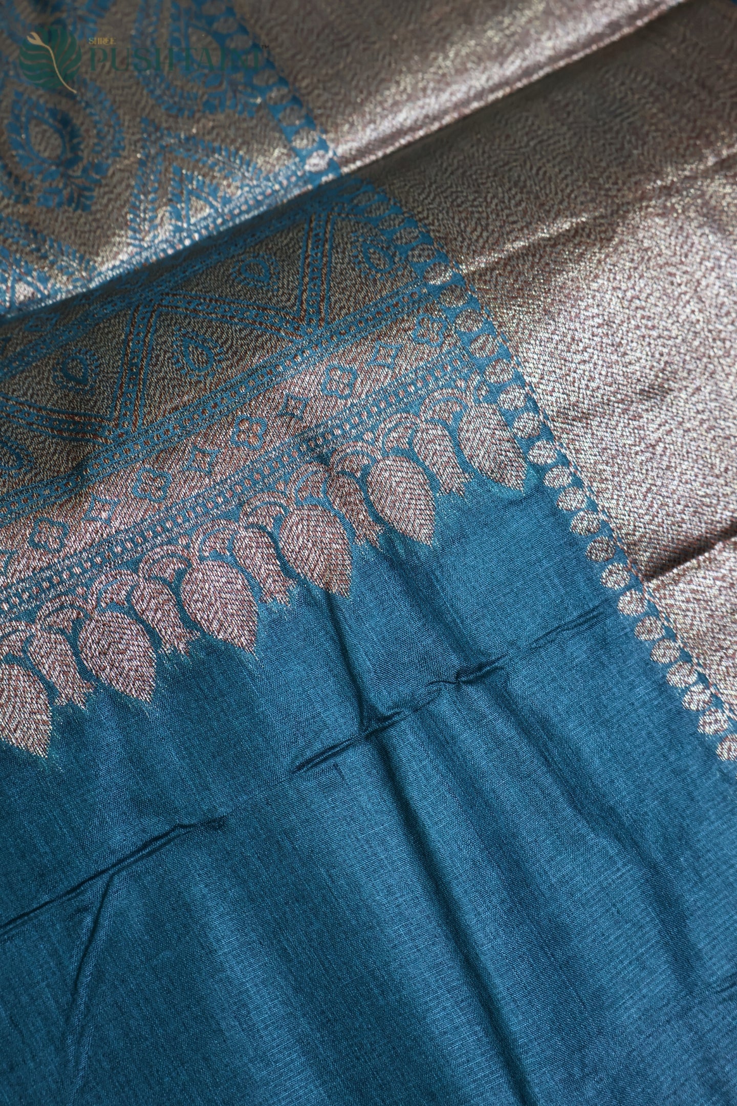 Sea Green Pure Tussar Tanchoi Silk Saree with Golden Border