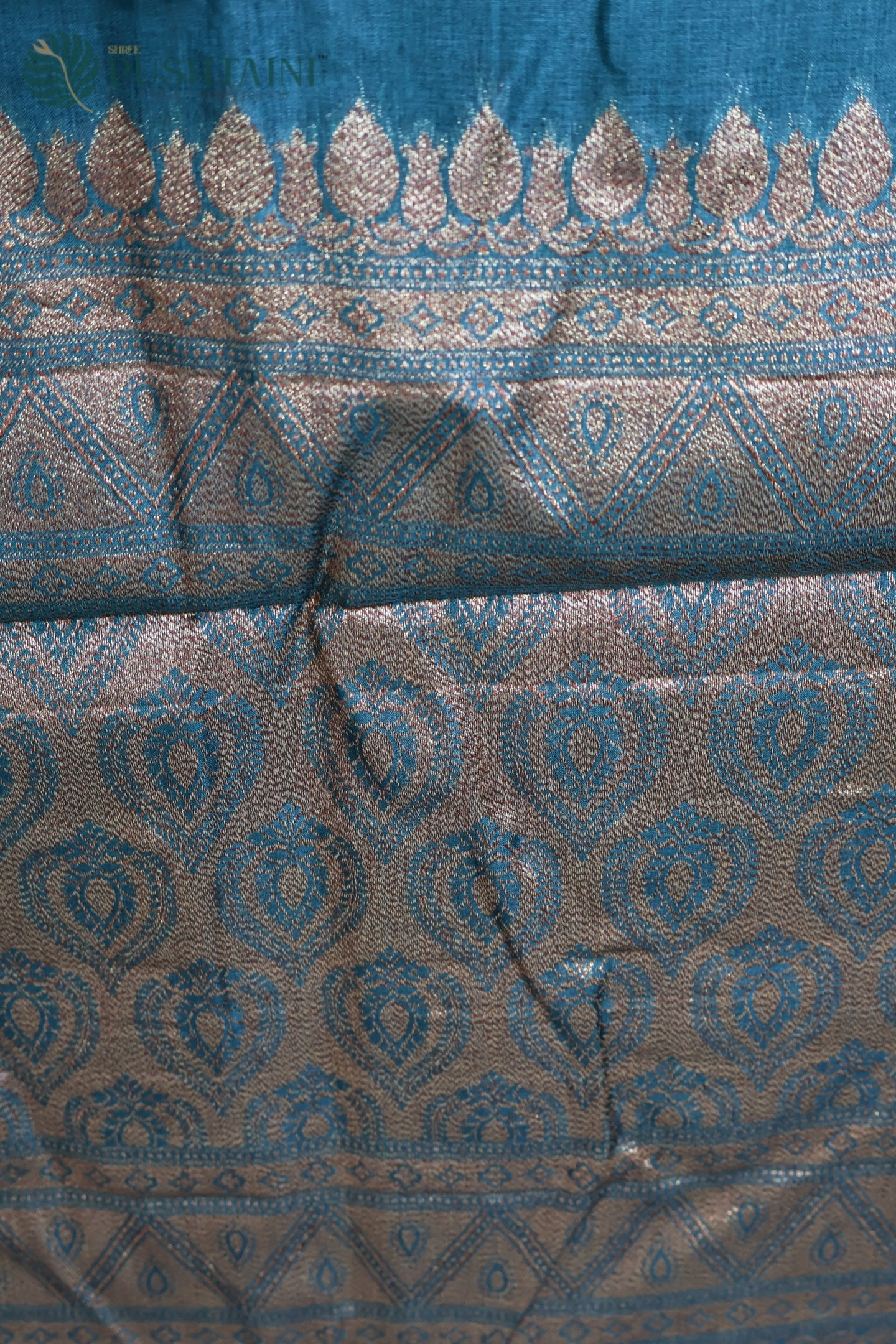 Sea Green Pure Tussar Tanchoi Silk Saree with Golden Border
