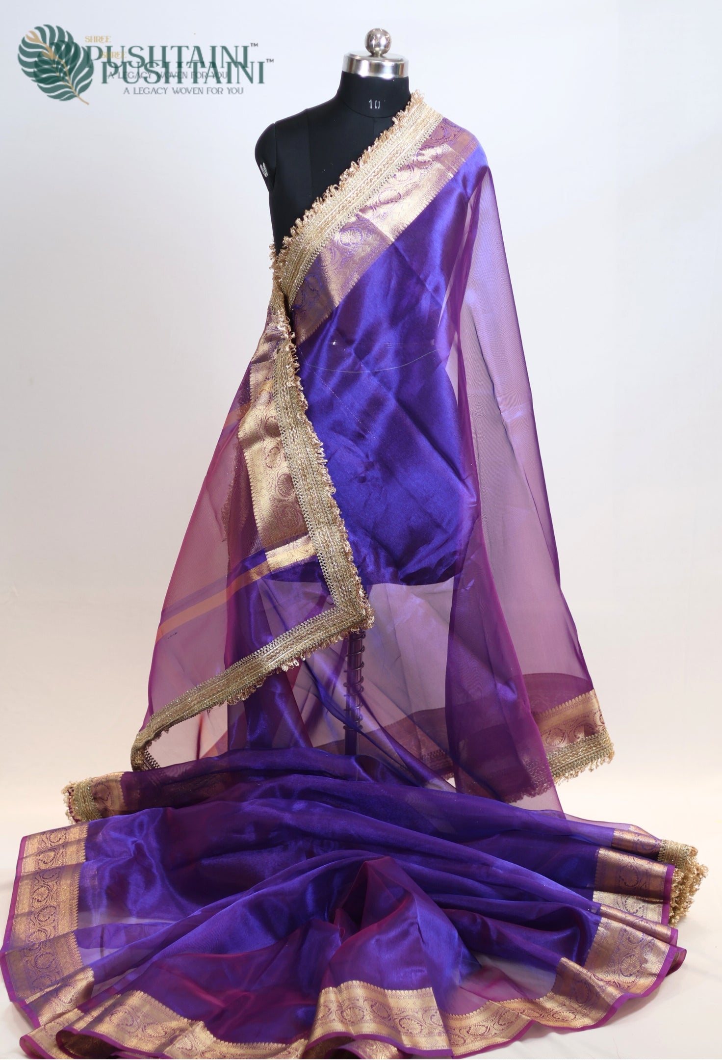Dark Magenta Tissue Plain Silk Saree with Border Lace work