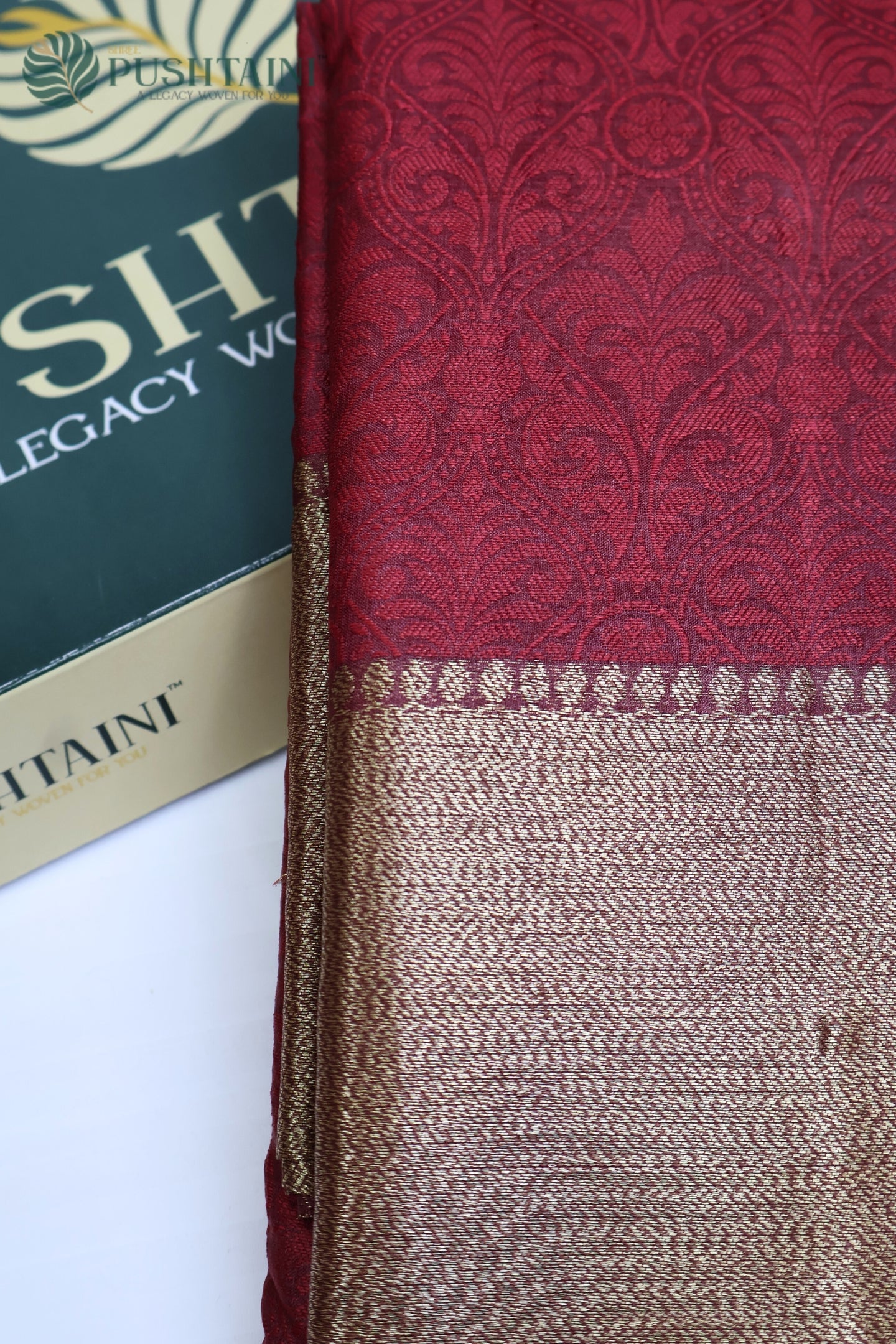 Maroon Pure Tussar Tanchoi Silk Saree with Golden Border