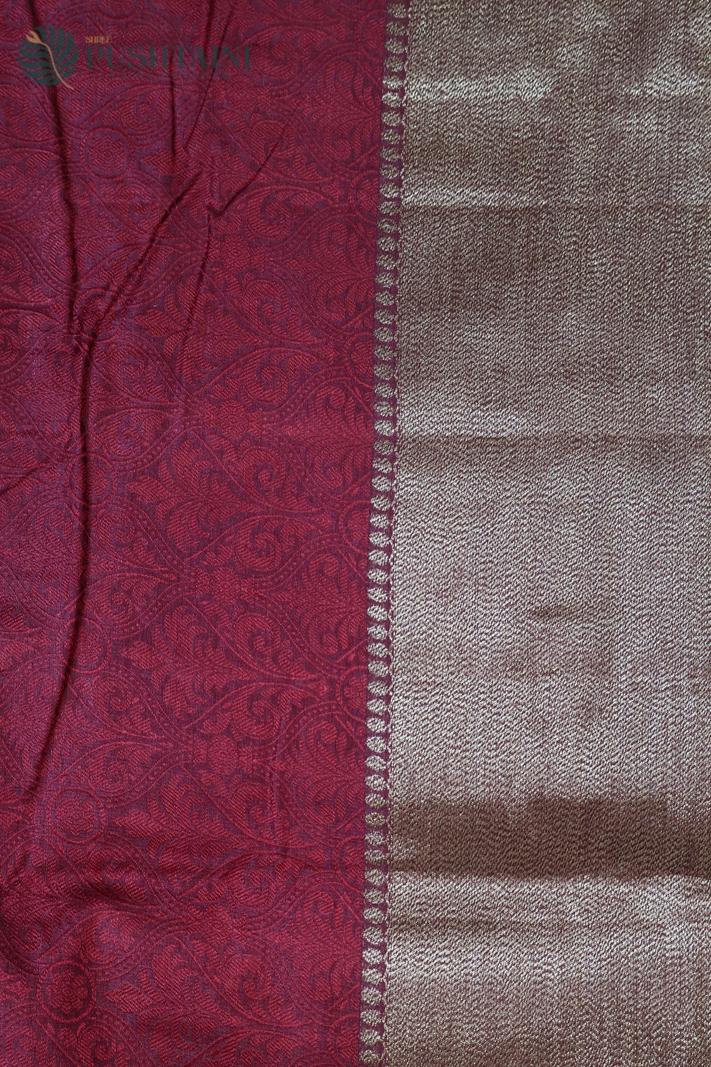 Maroon Pure Tussar Tanchoi Silk Saree with Golden Border