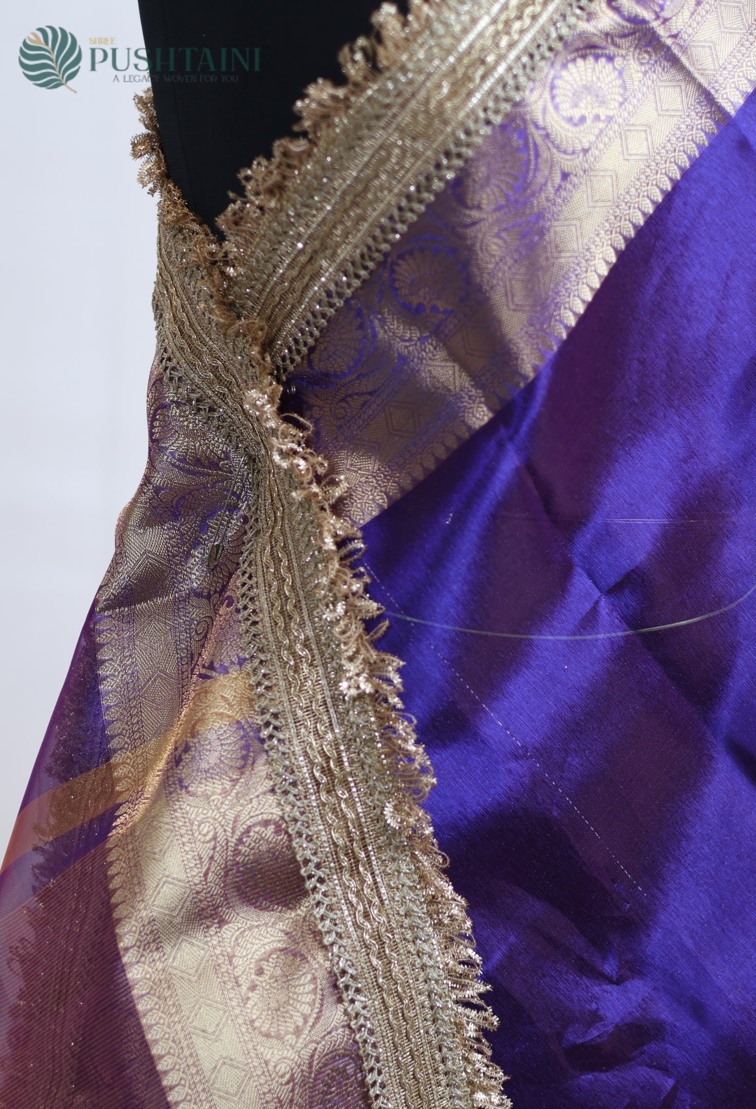 Dark Magenta Tissue Plain Silk Saree with Border Lace work