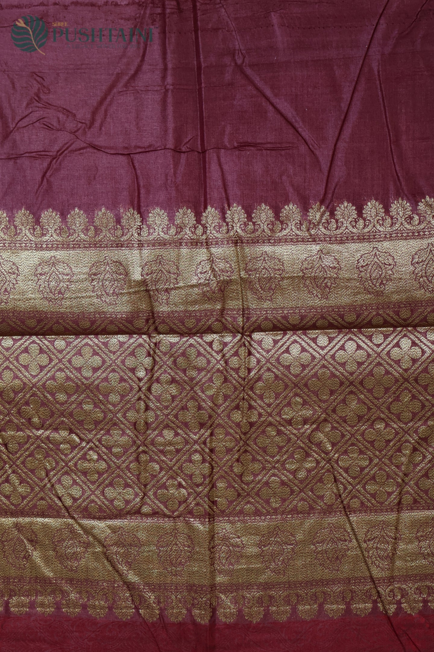 Maroon Pure Tussar Tanchoi Silk Saree with Golden Border