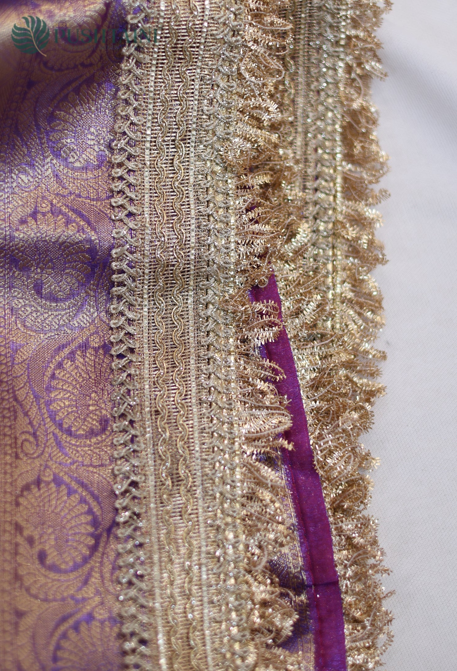 Dark Magenta Tissue Plain Silk Saree with Border Lace work